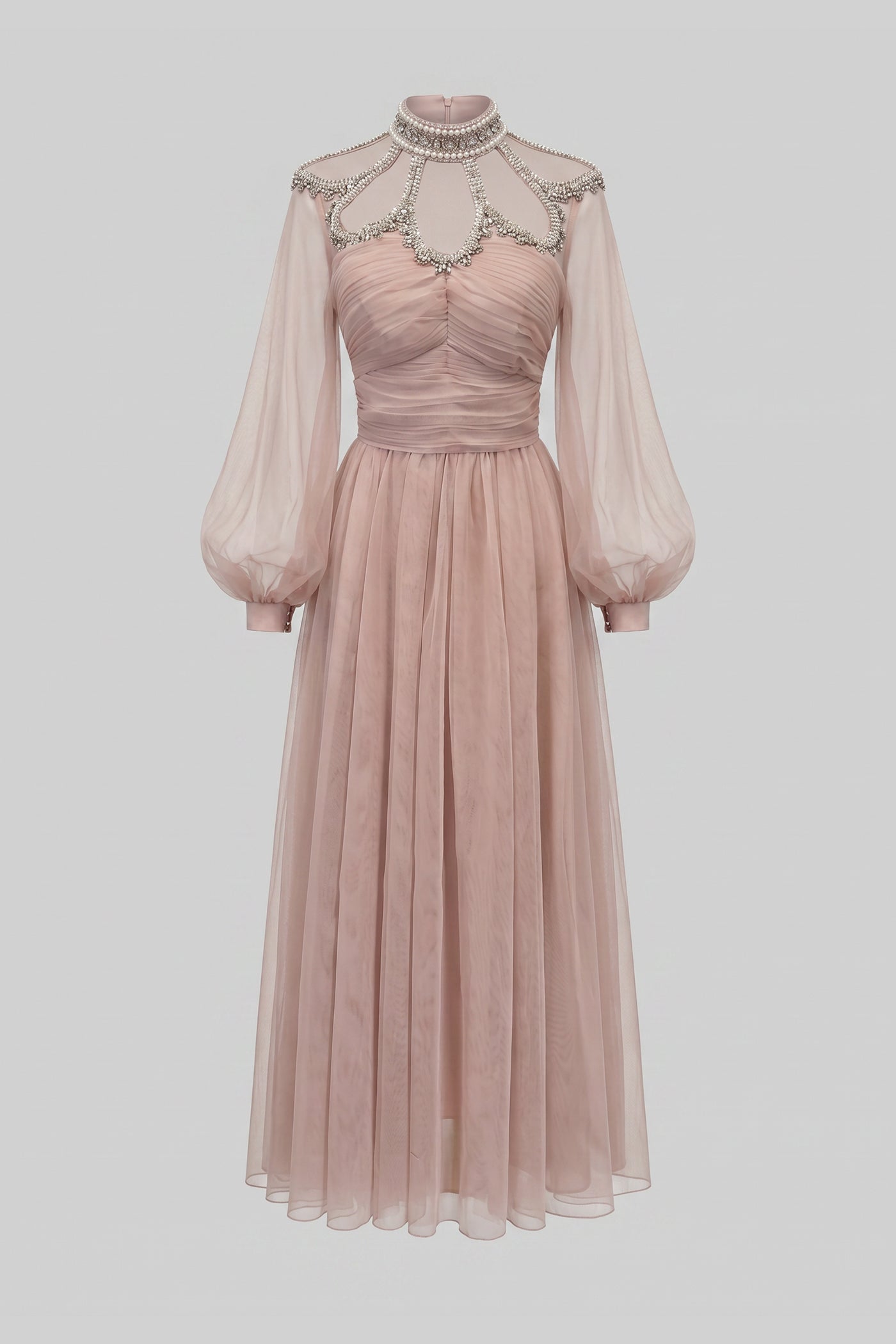 Elegantes Kleid mit langen Ärmeln, hohem Ausschnitt und gerafftem Oberteil – Pfirsich