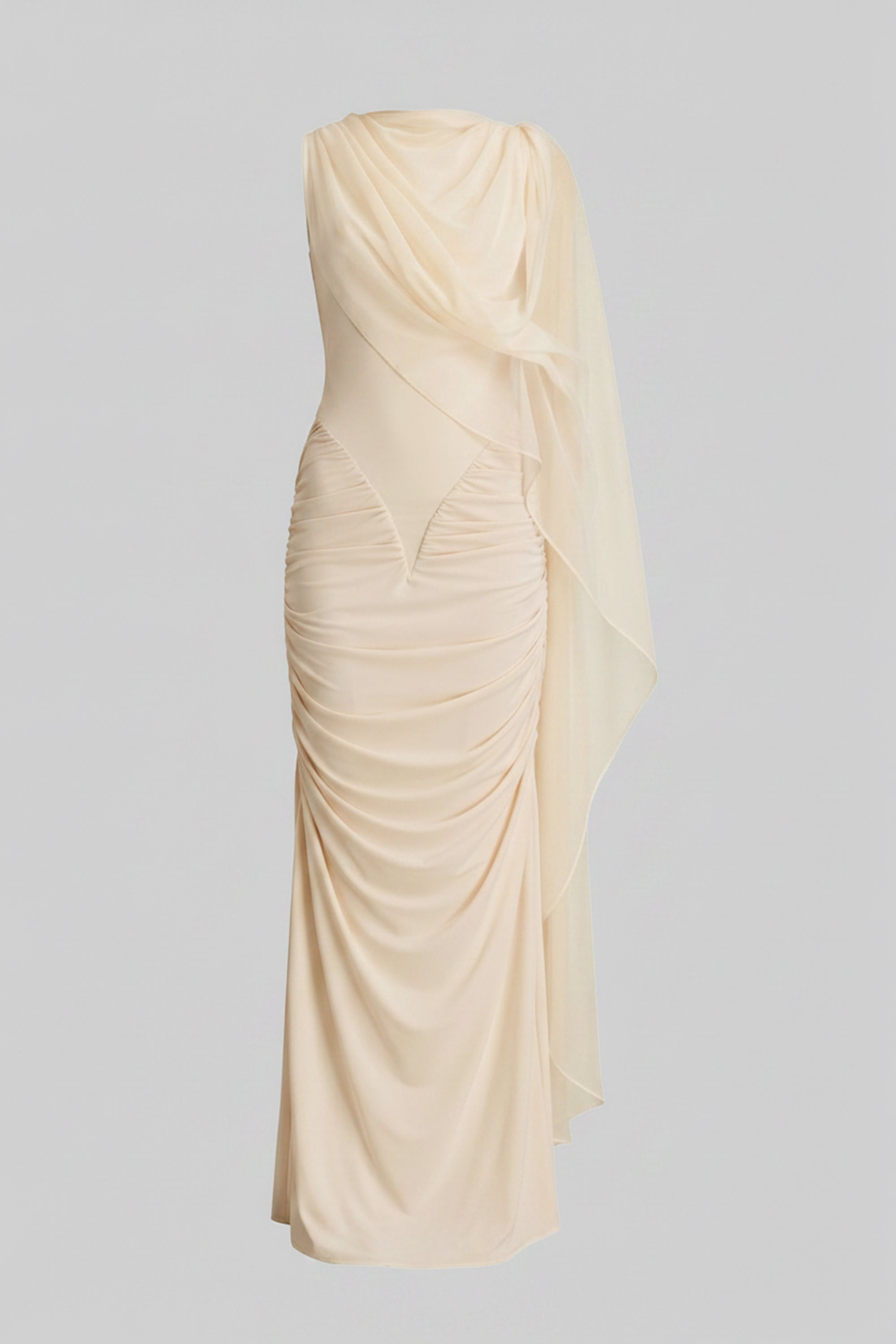 Maxikleid mit einer Schulter und Drapierung mit transparentem Schal-Detail - Gelb
