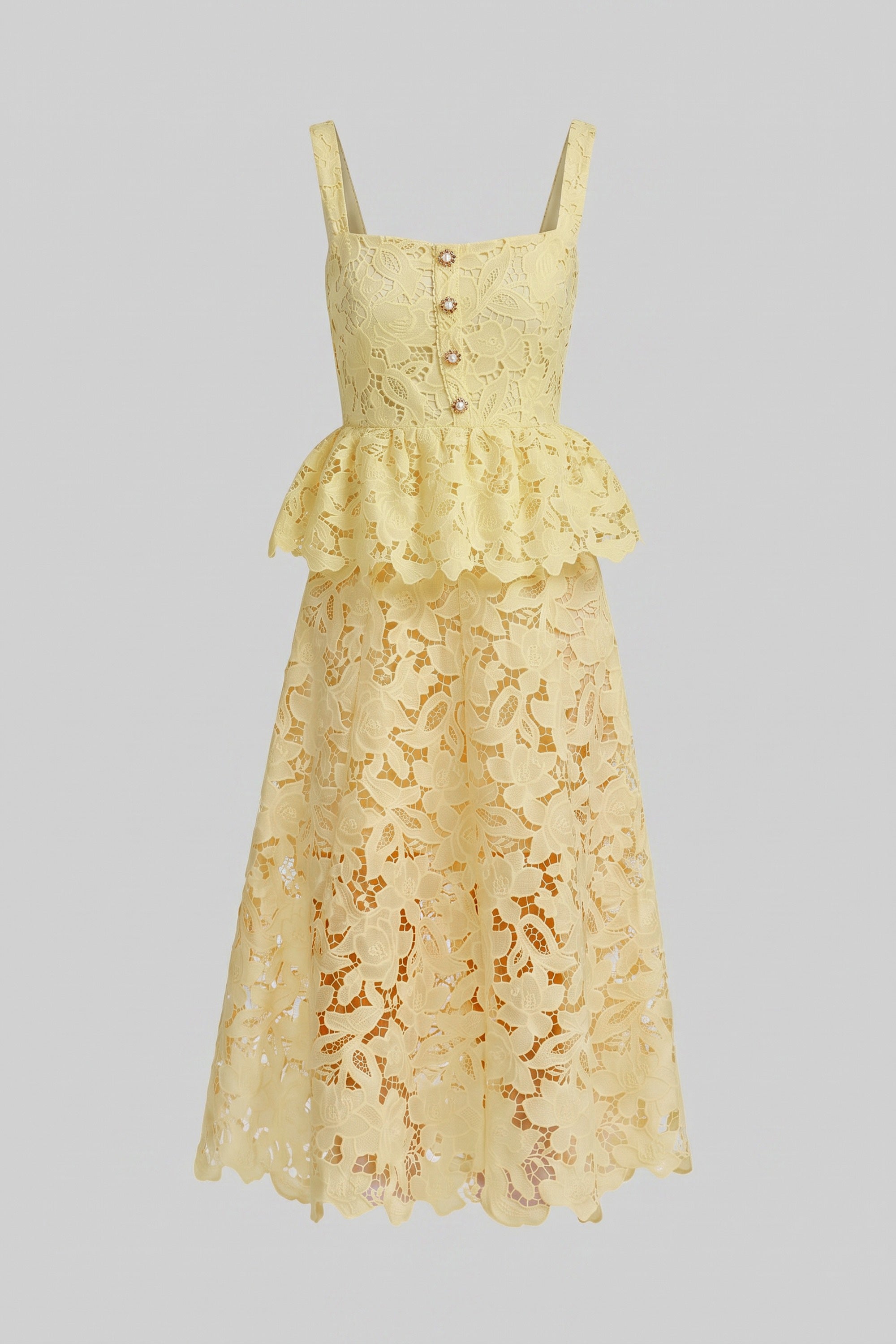 Ärmelloses Spitzen-Peplum-Kleid mit Midirock und goldfarbenen Knöpfen - Gelb