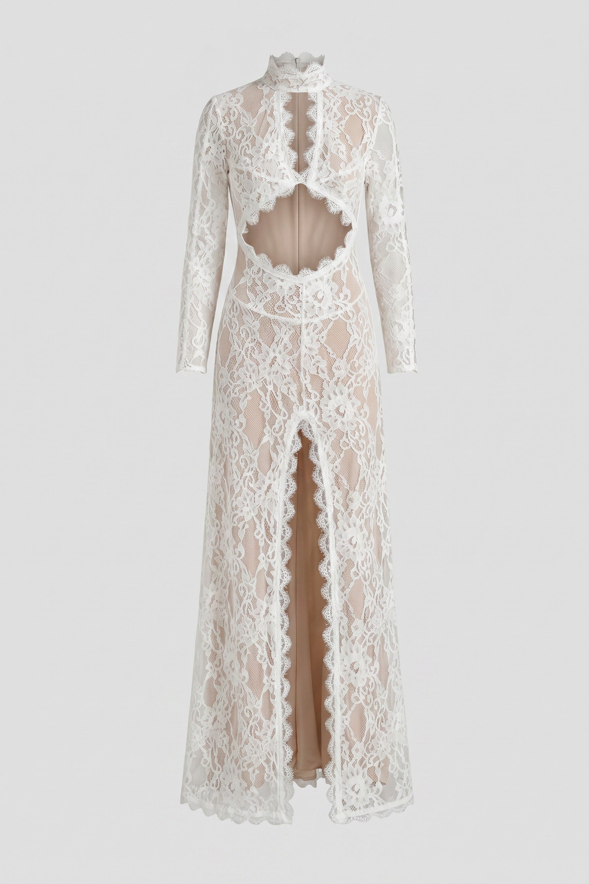 Elegantes Spitzenkleid mit hohem Kragen, Cut-out vorne und Schlitz - Weiß
