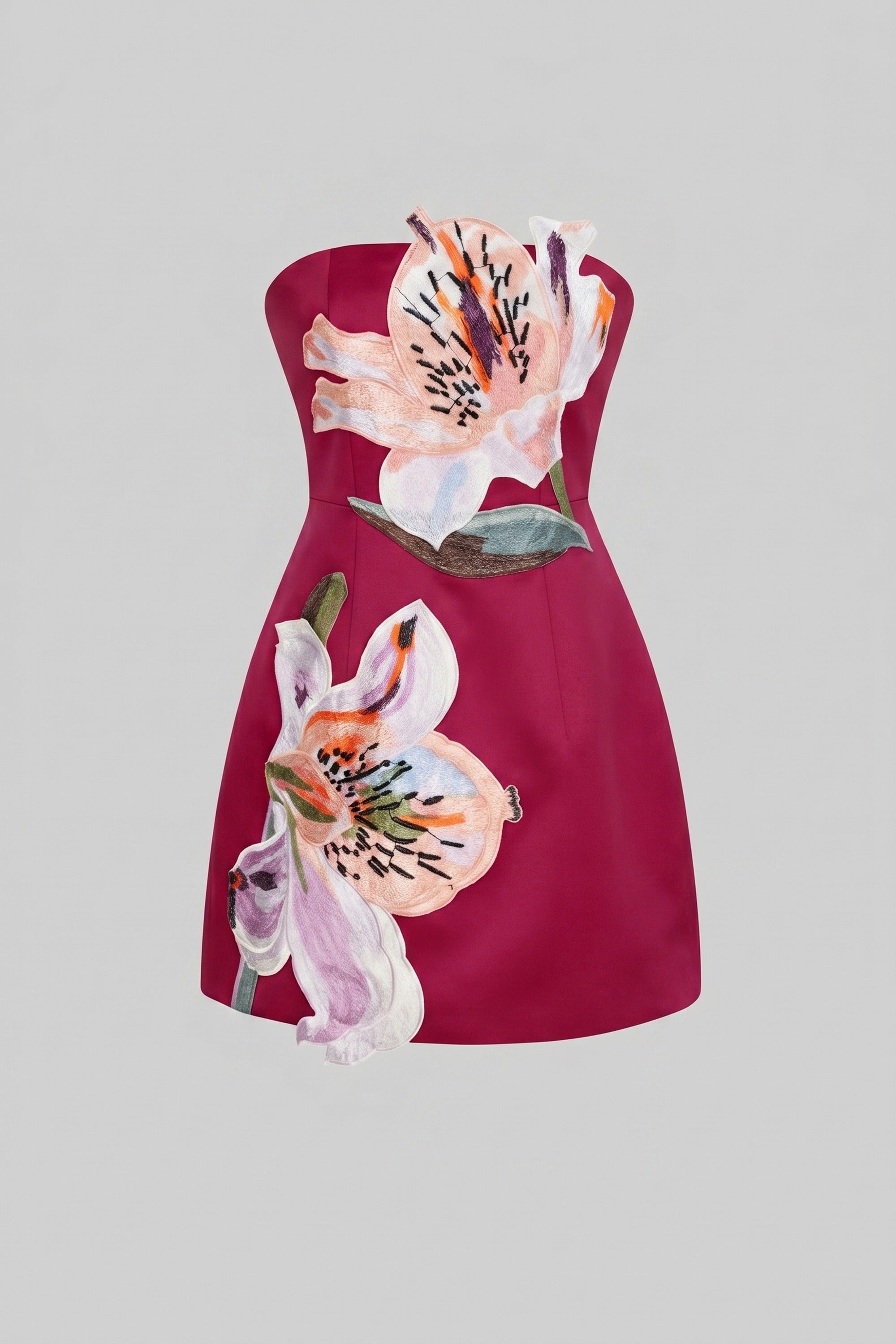 Trägerloses Mini-Kleid mit floralem Print und strukturiertem Oberteil - Rot
