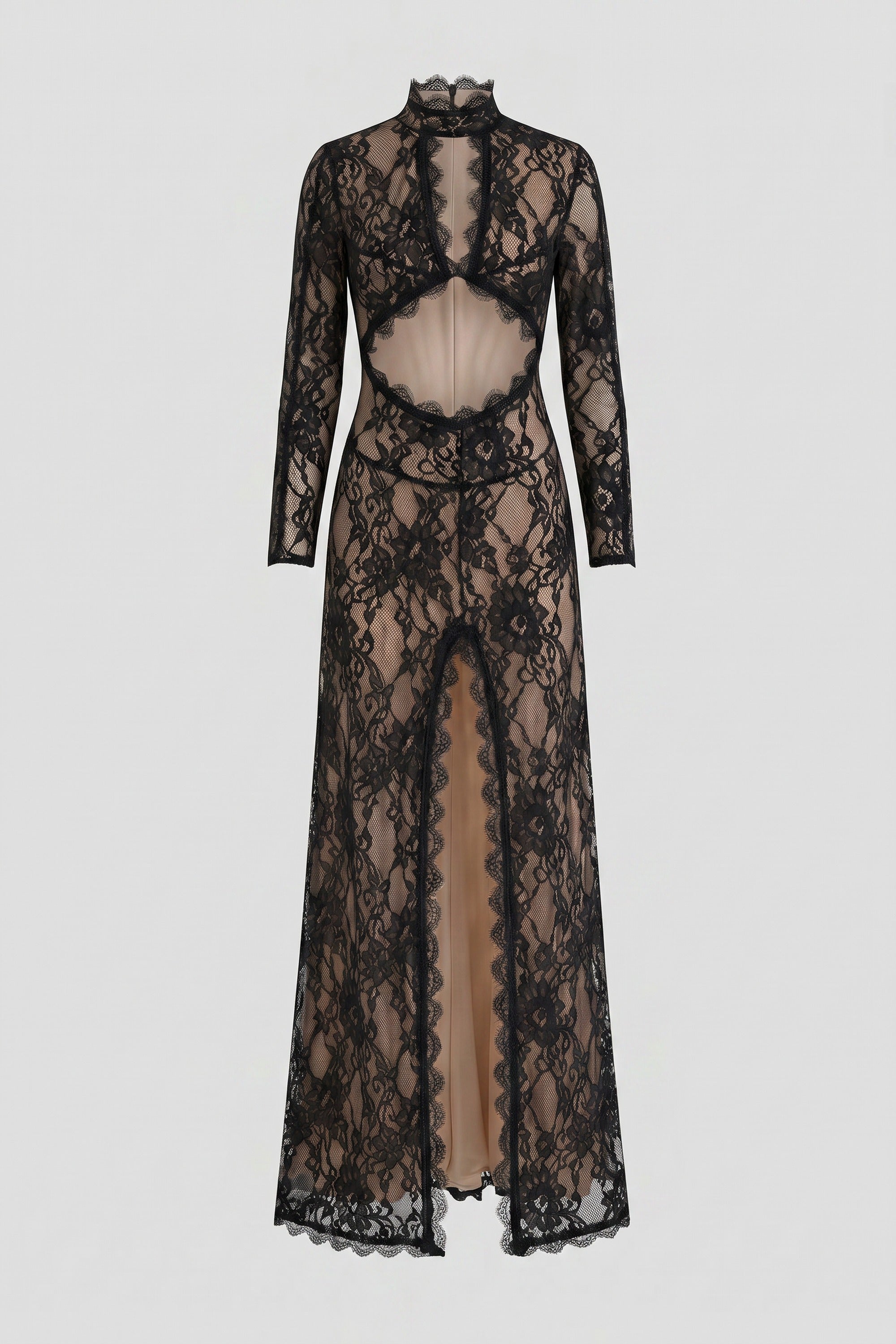 Elegantes Spitzenkleid mit hohem Kragen, Front-Ausschnitt und Schlitz - Schwarz