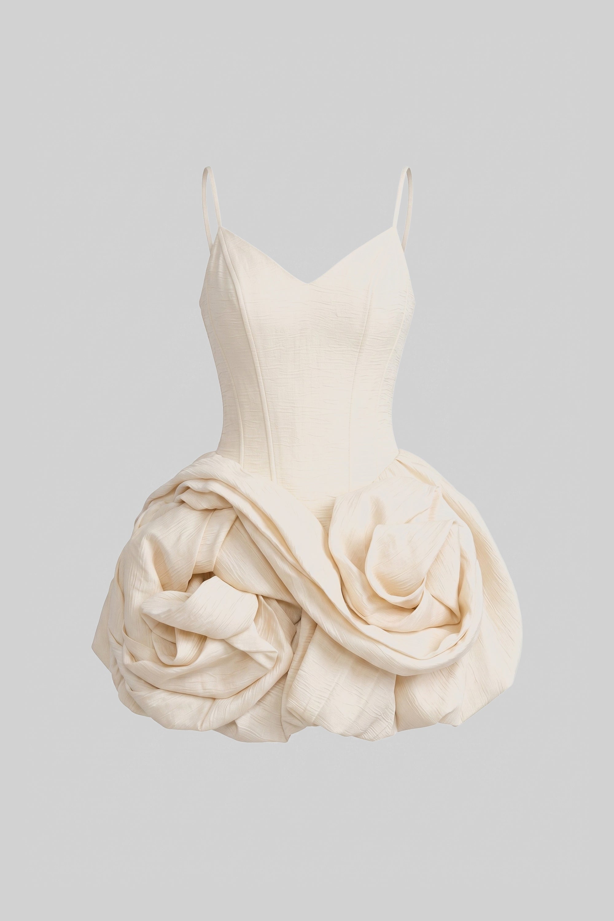 Mini-Kleid aus Samt mit Spaghettiträgern und 3D-Rosensaum - Ivoire