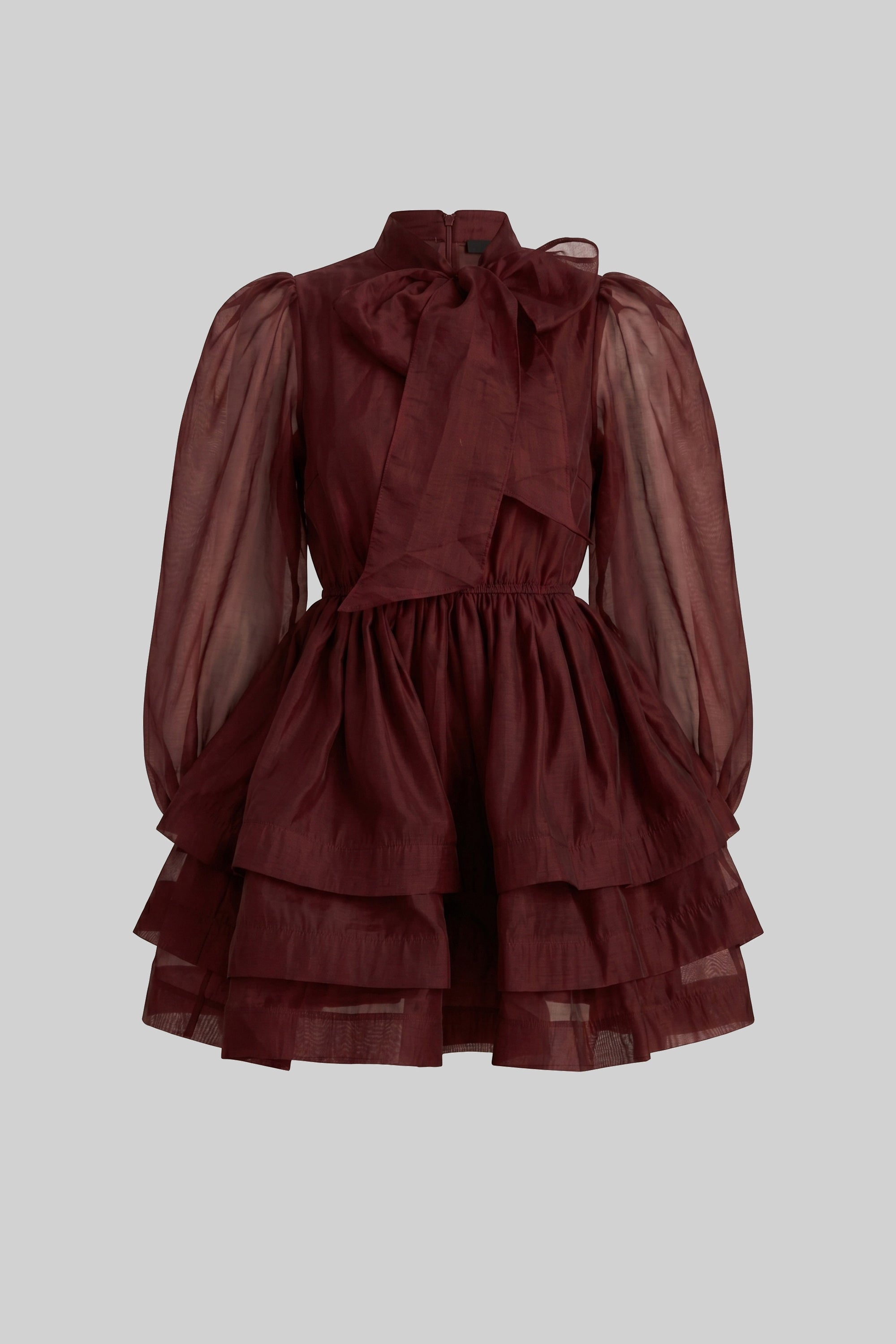 Mini-Kleid mit hohem Kragen, Puffärmeln, Stufen-Rüschenrock und Schleife - Wine