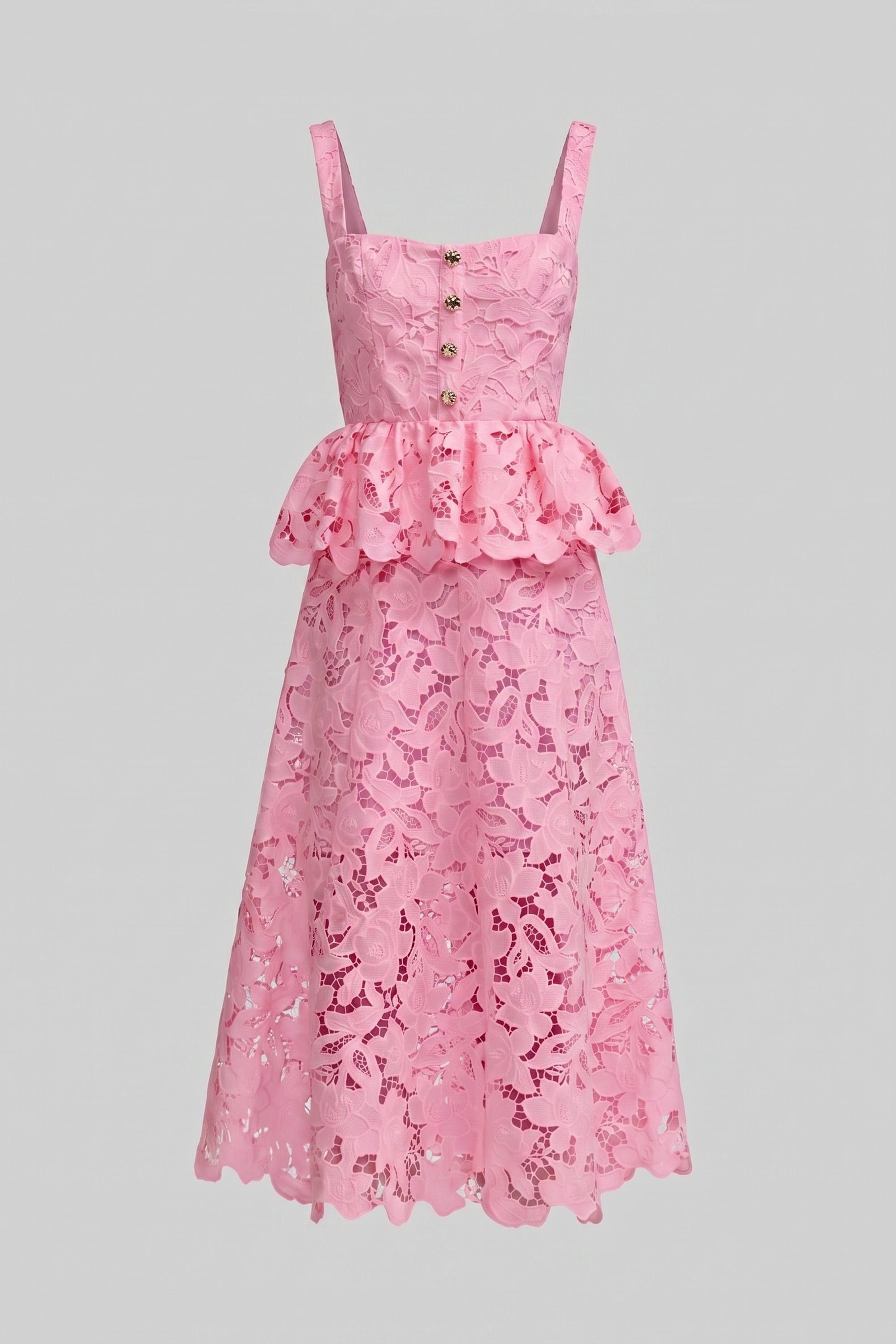 Ärmelloses Spitzen-Peplum-Kleid mit Midirock und goldenen Knöpfen - Pink