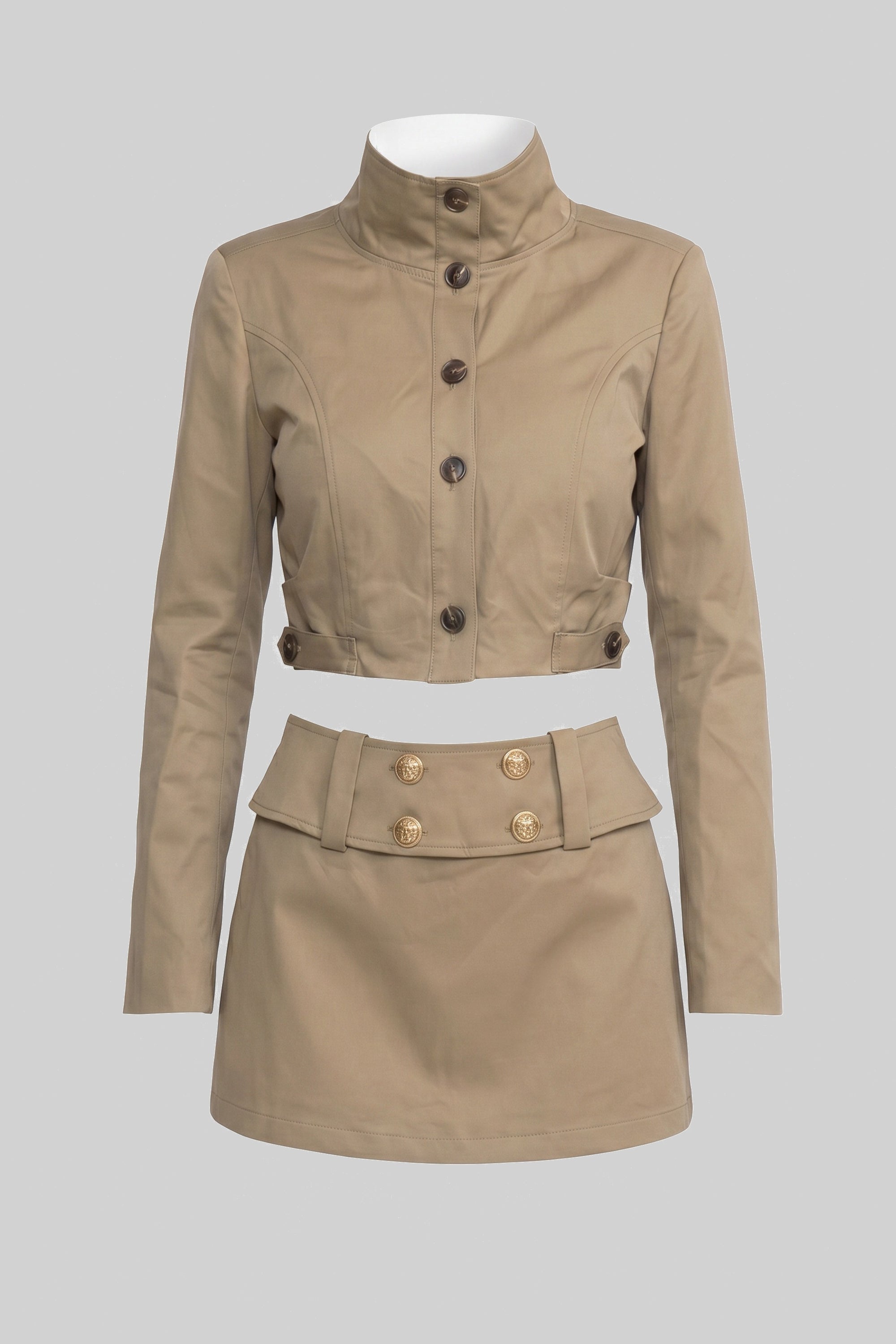 Doppelreihiges, verkürztes Jacken- und Minirock-Co-Ord-Set – Khaki