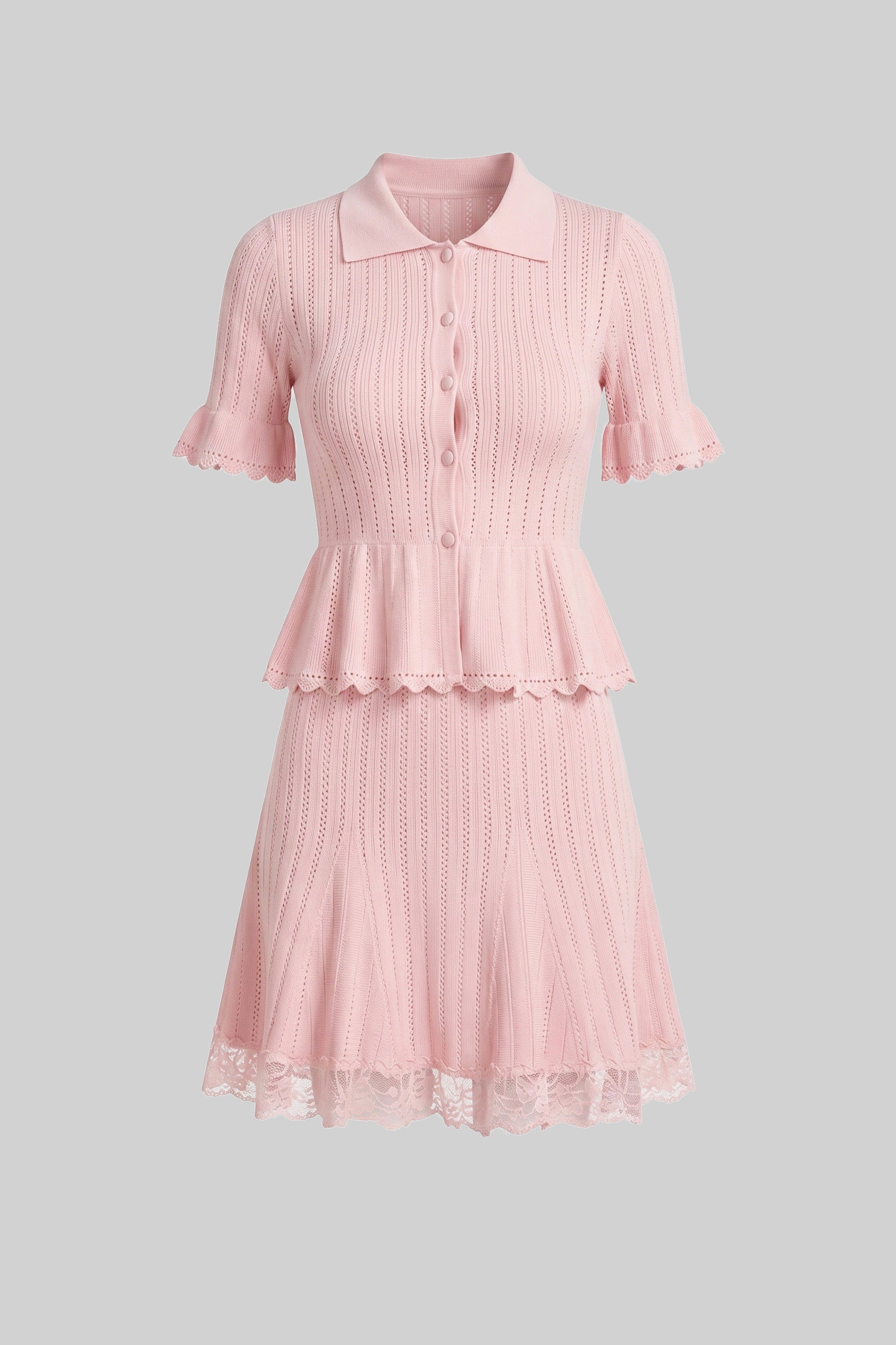 Strick-Minikleid mit Peter-Pan-Kragen und Peplum mit Spitzenabschluss - Pink