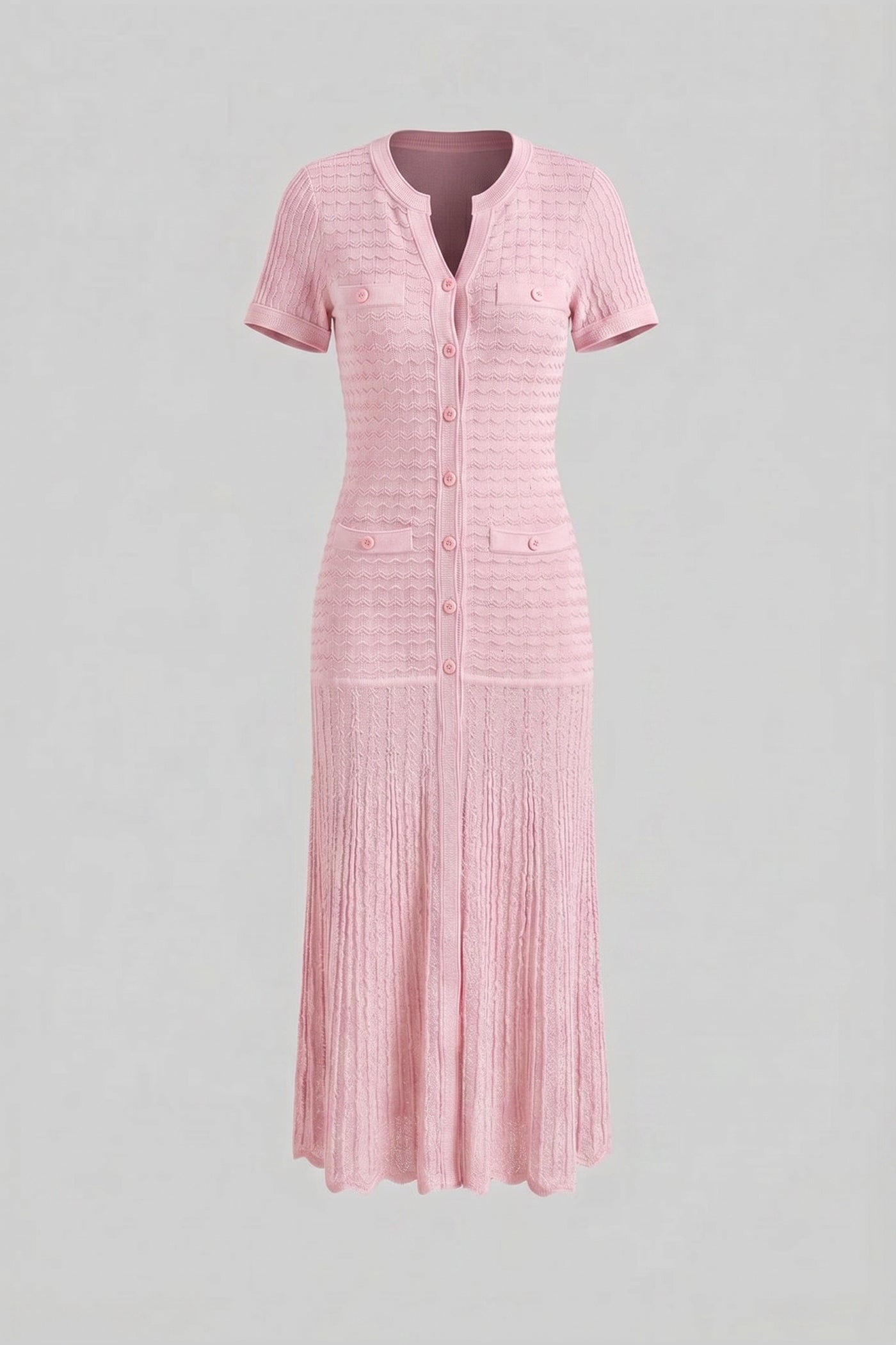 Midi-Kleid mit kurzen Ärmeln und schimmernder Strickstruktur - Pink