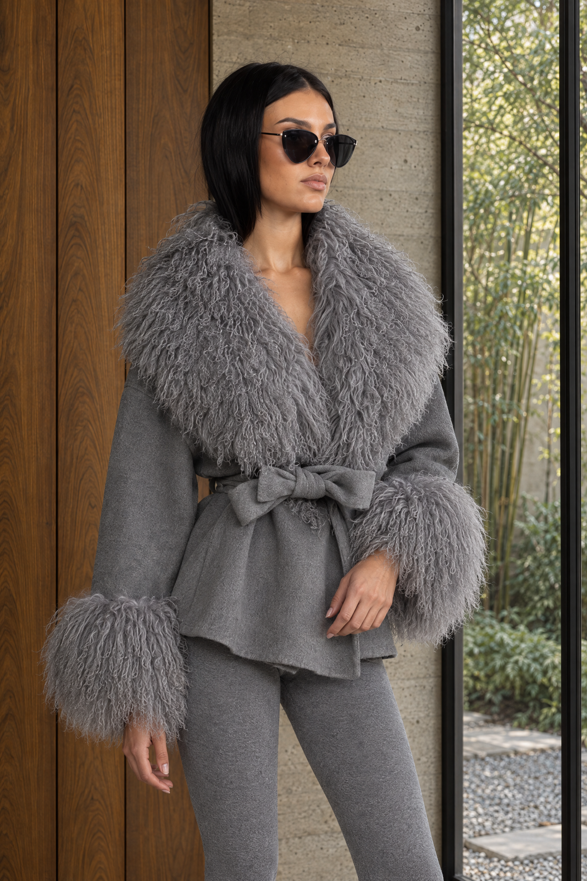 Belted Wool Jacket with Curly Fur-Effect Collar and Cuffs - Grey