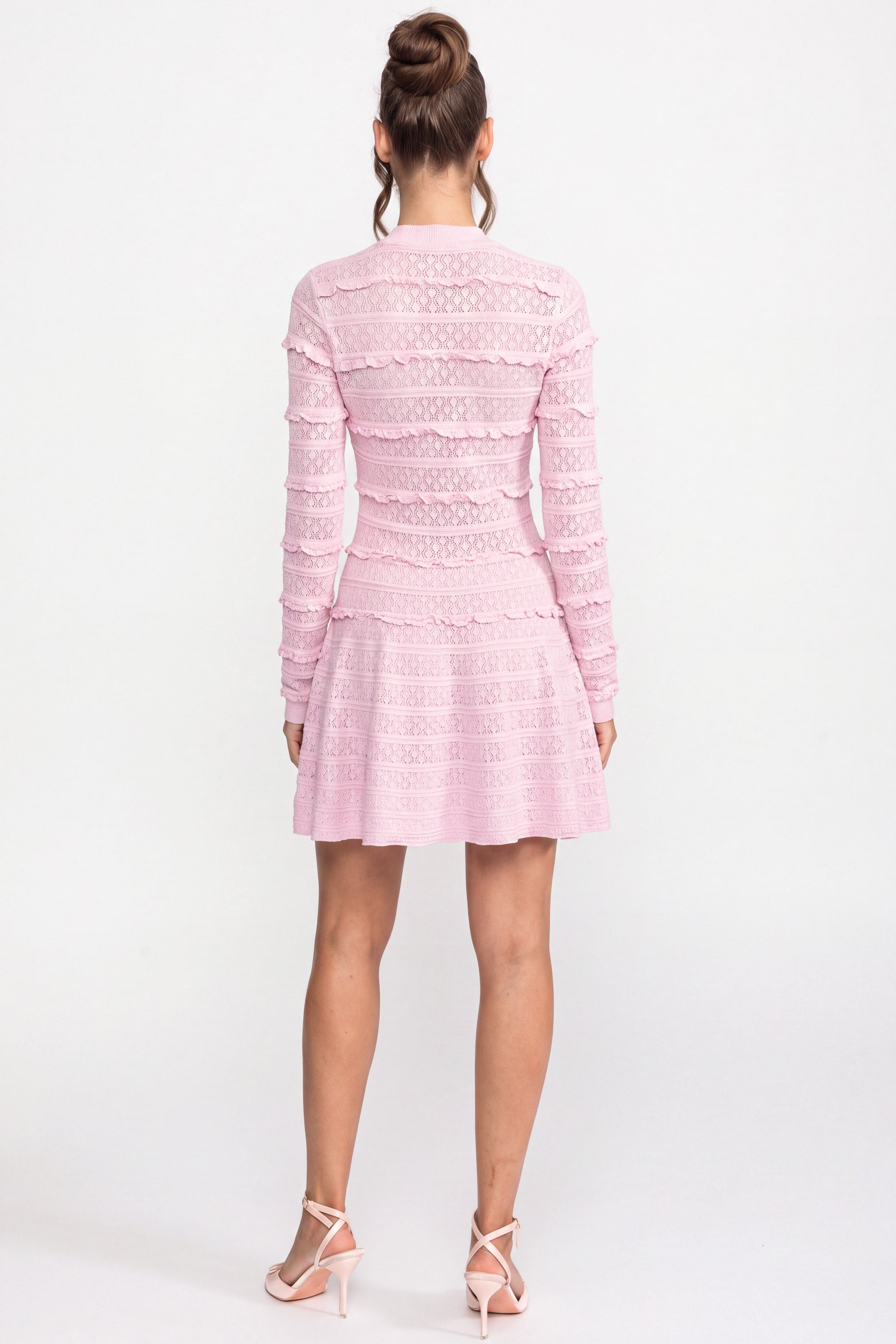 Button Front Knit Fit And Flare Dress With Crystal Buttons - Pink