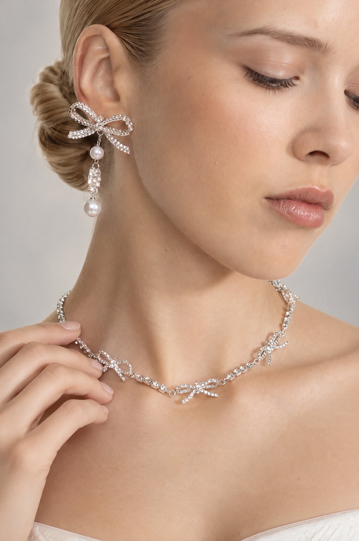 Crystal Bow Necklace and Pearl Drop Earrings Set - Silver