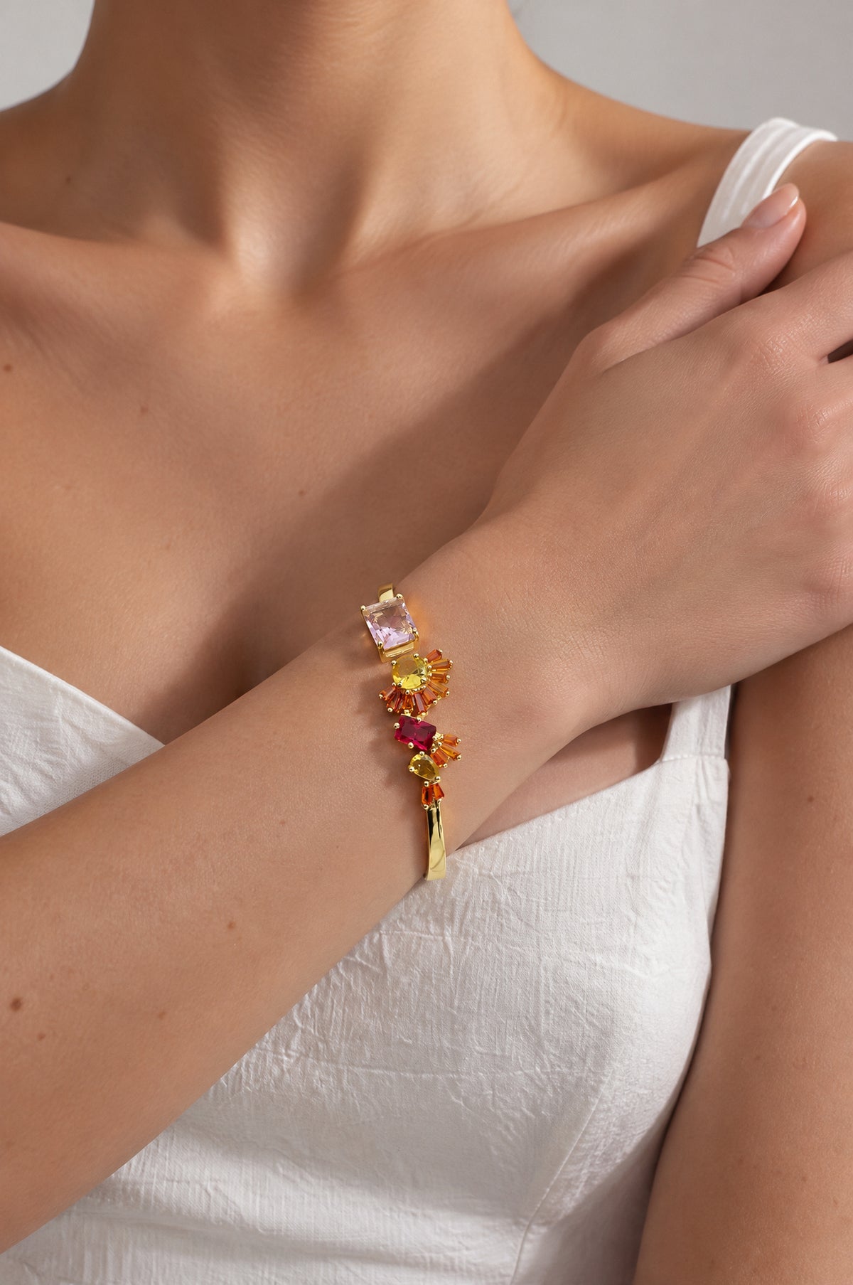 Multicolour Crystal Cluster Cuff Bracelet - Gold