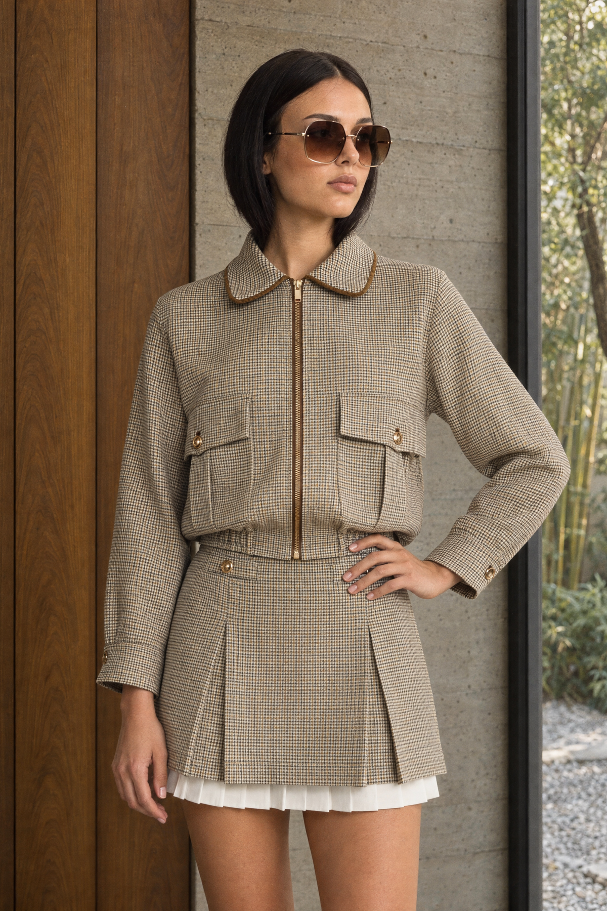 Houndstooth Bomber Jacket and Pleated Mini Skirt Set - Beige