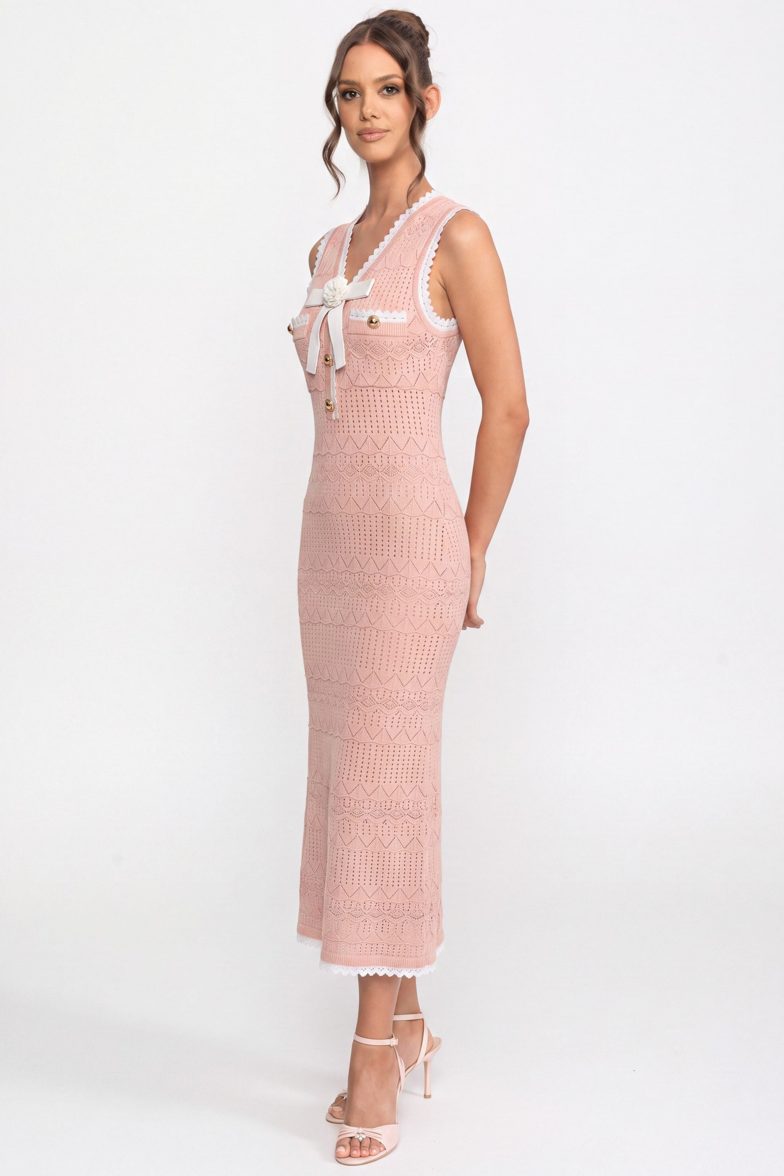 Crochet-Strick-Midikleid mit schwarzer Einfassung und Schleife - Pink