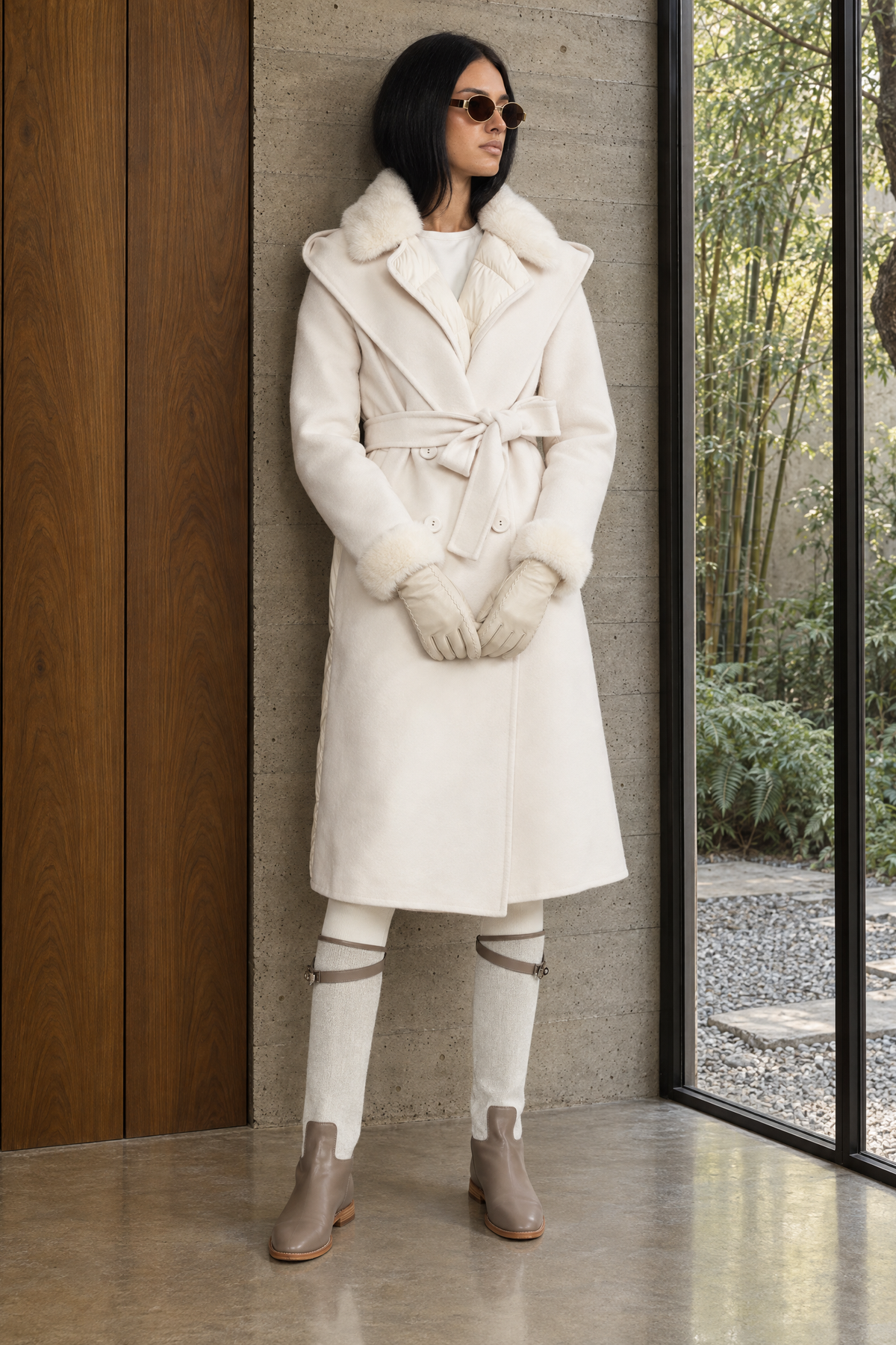 Quilted Back Hooded Wool Wrap Coat with Mink Fur - Ivoire