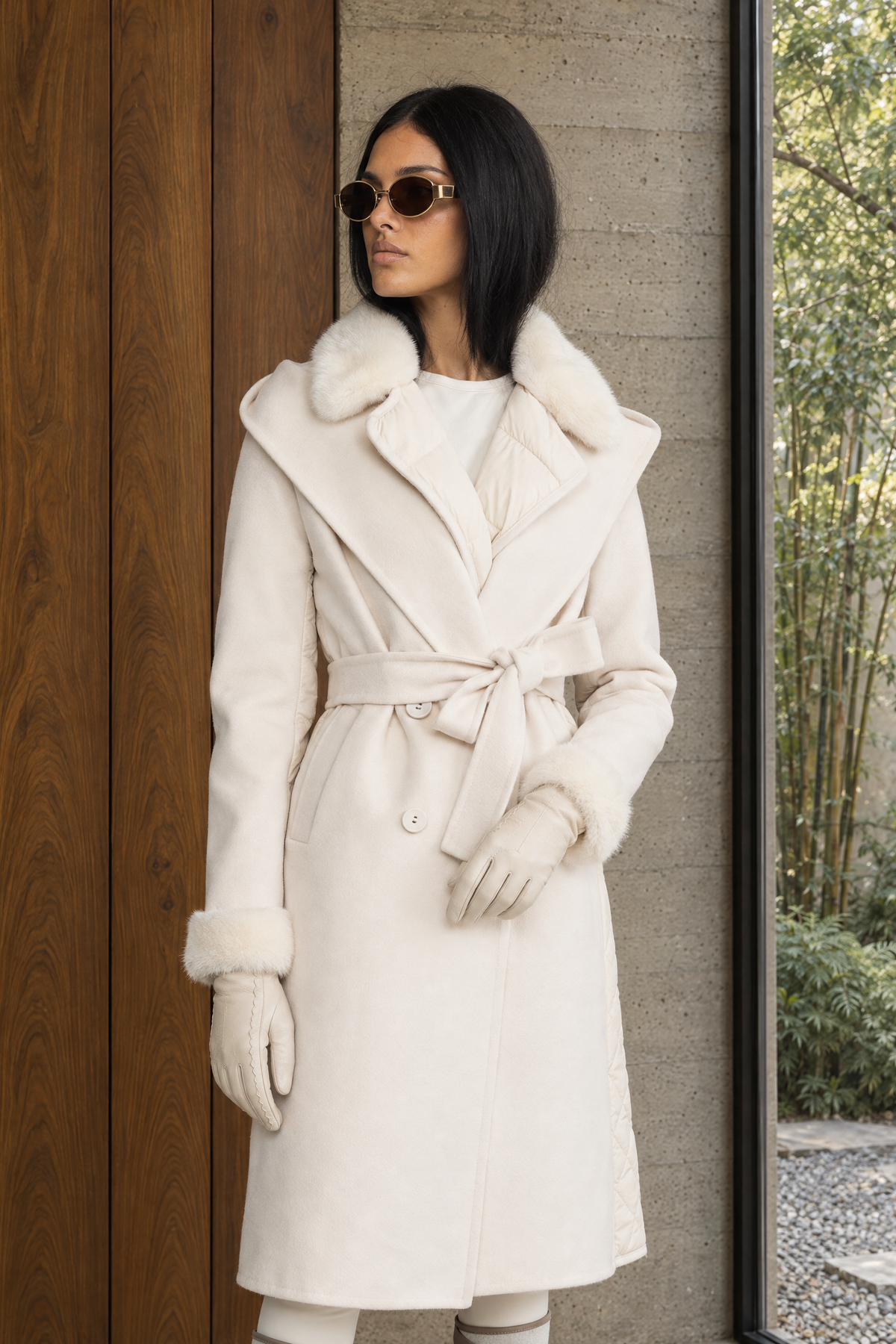 Quilted Back Hooded Wool Wrap Coat with Mink Fur - Ivoire
