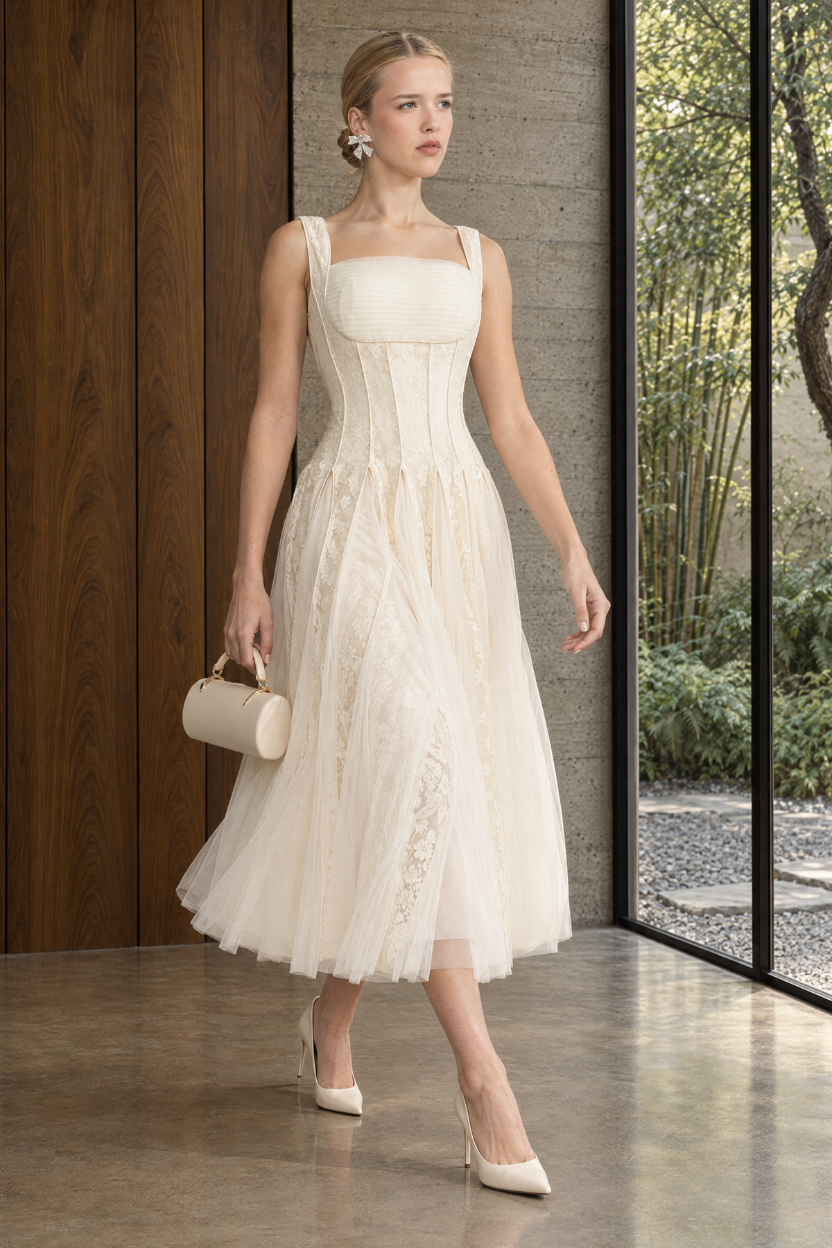 Lace Panel Corset Tulle Midi Dress - Ivoire