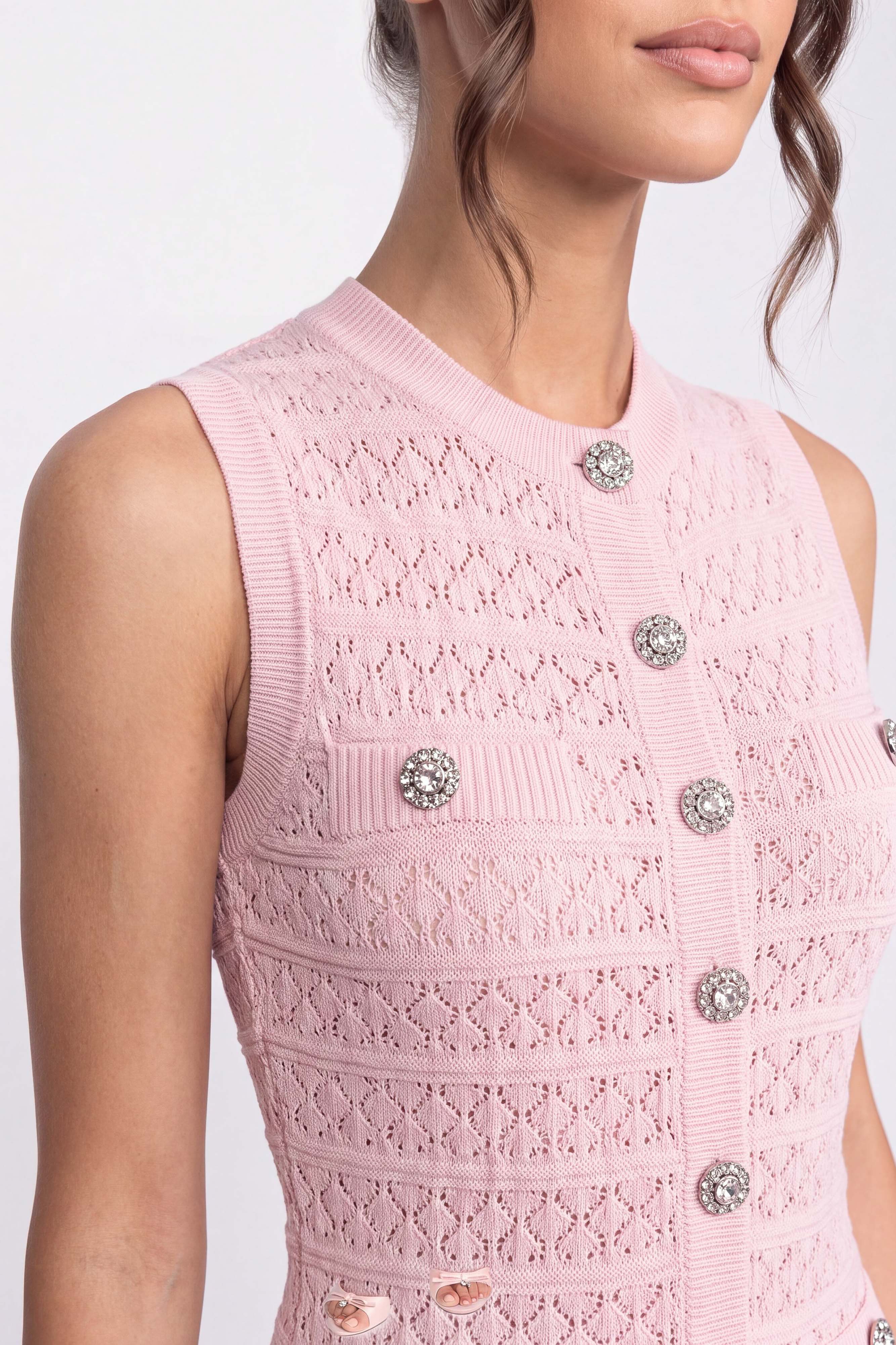 Button-Front Strick-Minikleid mit Rundhalsausschnitt - Pink