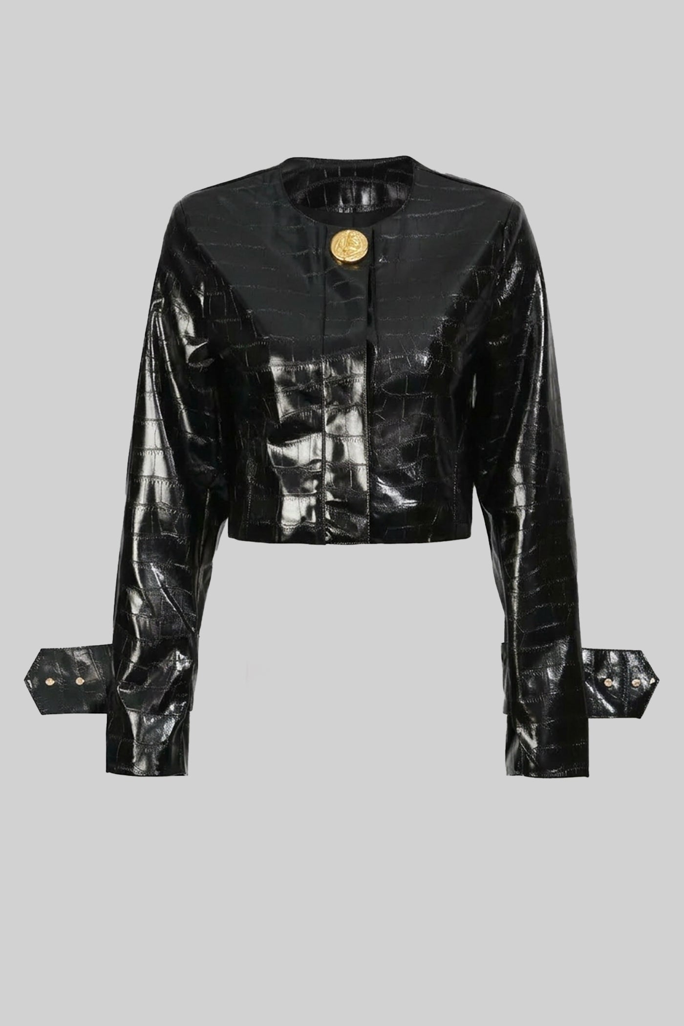 Krokodil-Effekt Kurzjacke mit goldener Knopfleiste - Schwarz