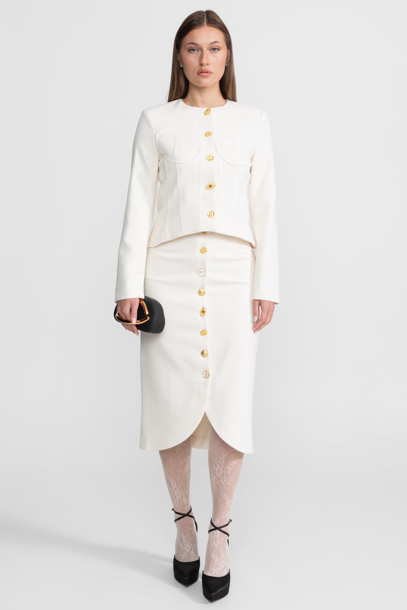 Co-ord Set with Statement Gold Buttons - White