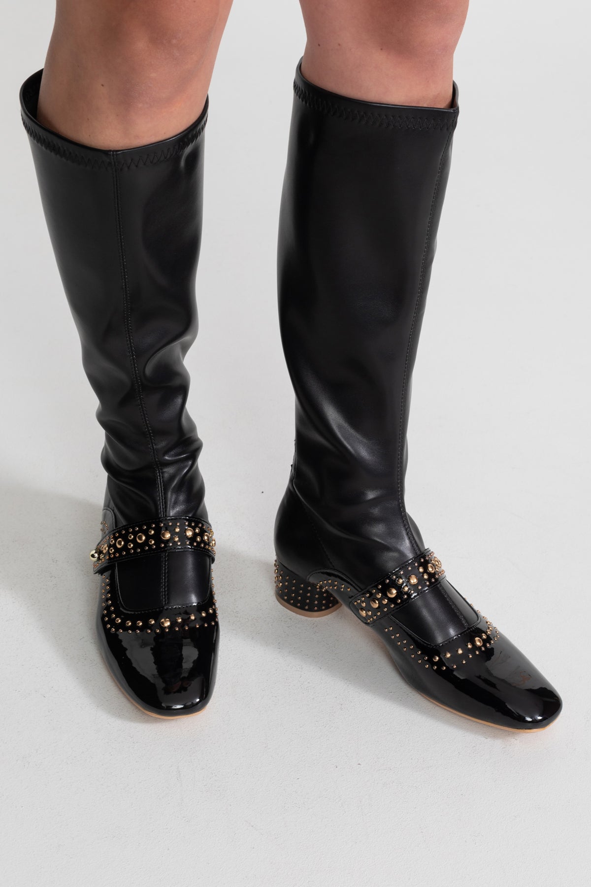 Studded Knee-High Boots With Strap Detail – Black