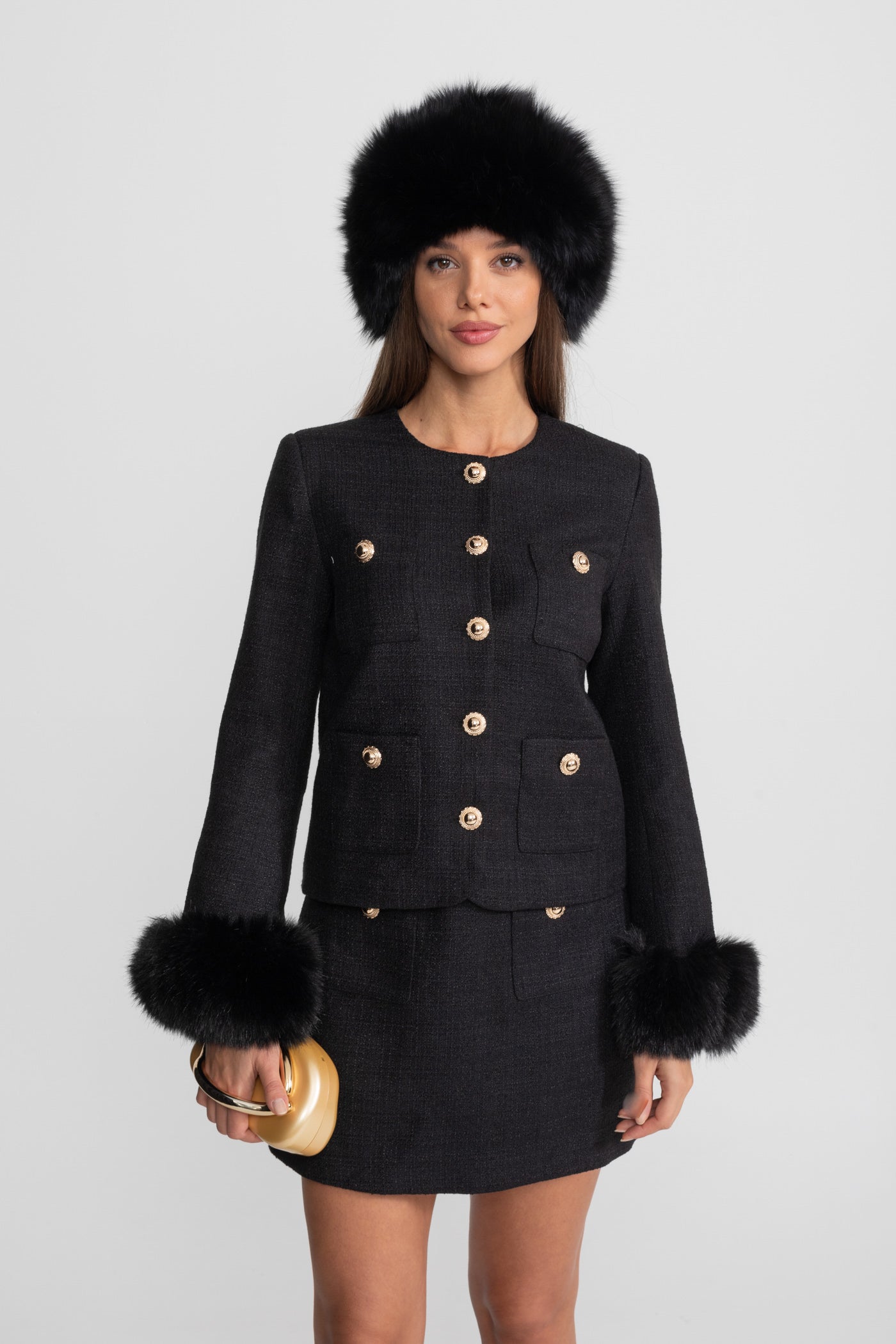 Tweed-Minirock mit goldenen Knöpfen – Schwarz