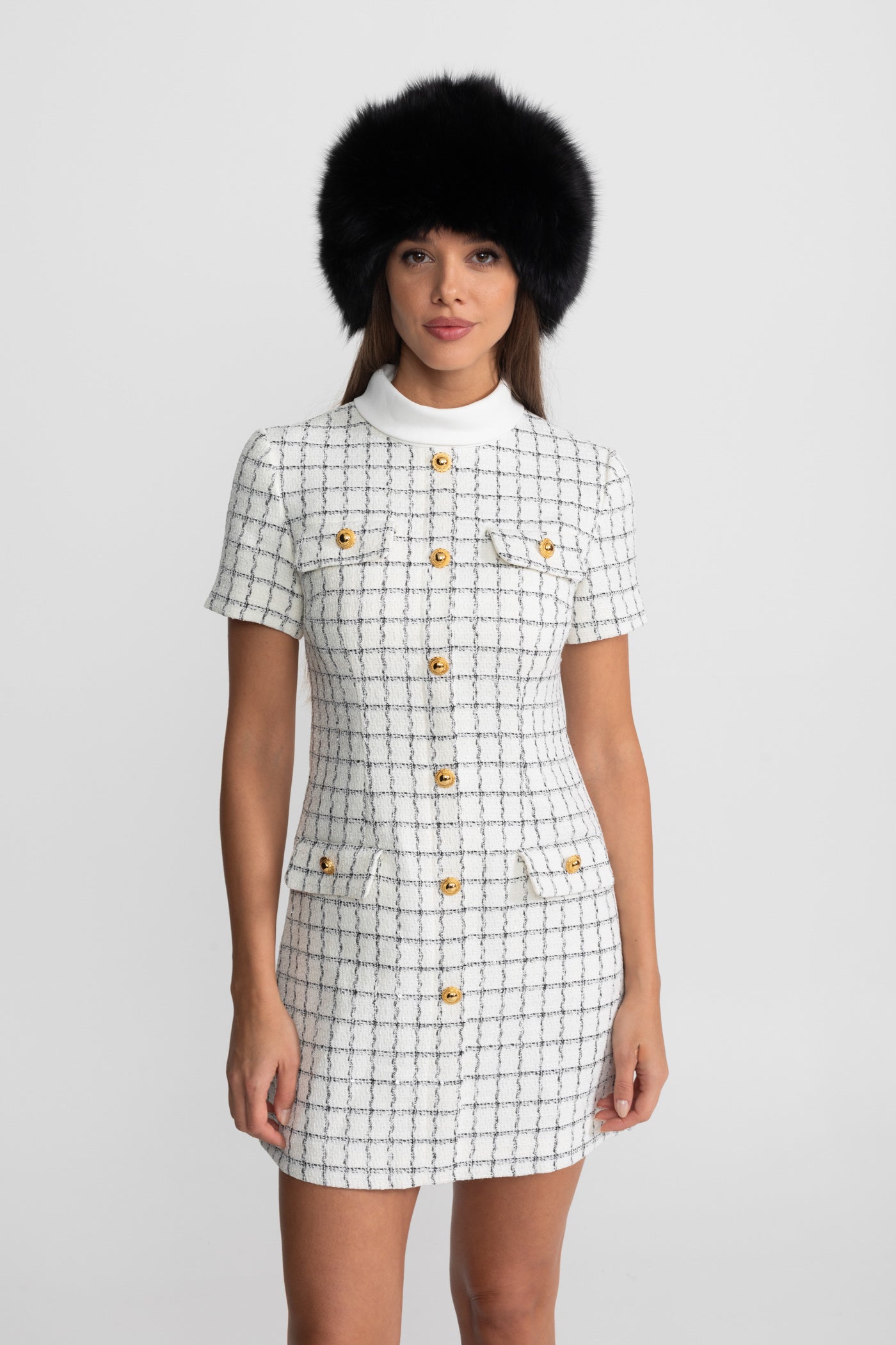 Short Sleeve Tweed Mini Dress With Contrast Collar – White And Black