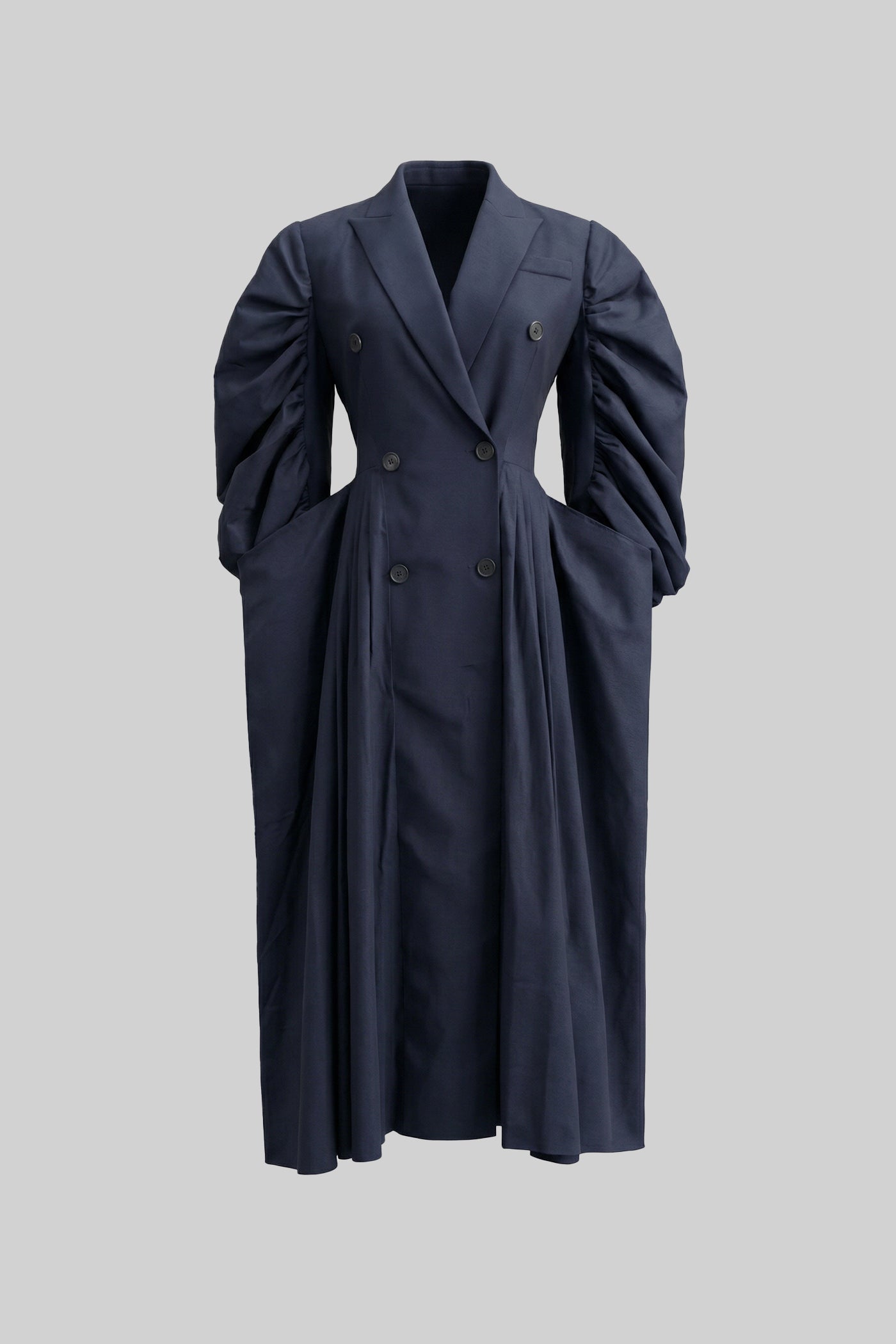 Doppelreihiges Midikleid mit voluminösen, gerafften Ärmeln - Navy