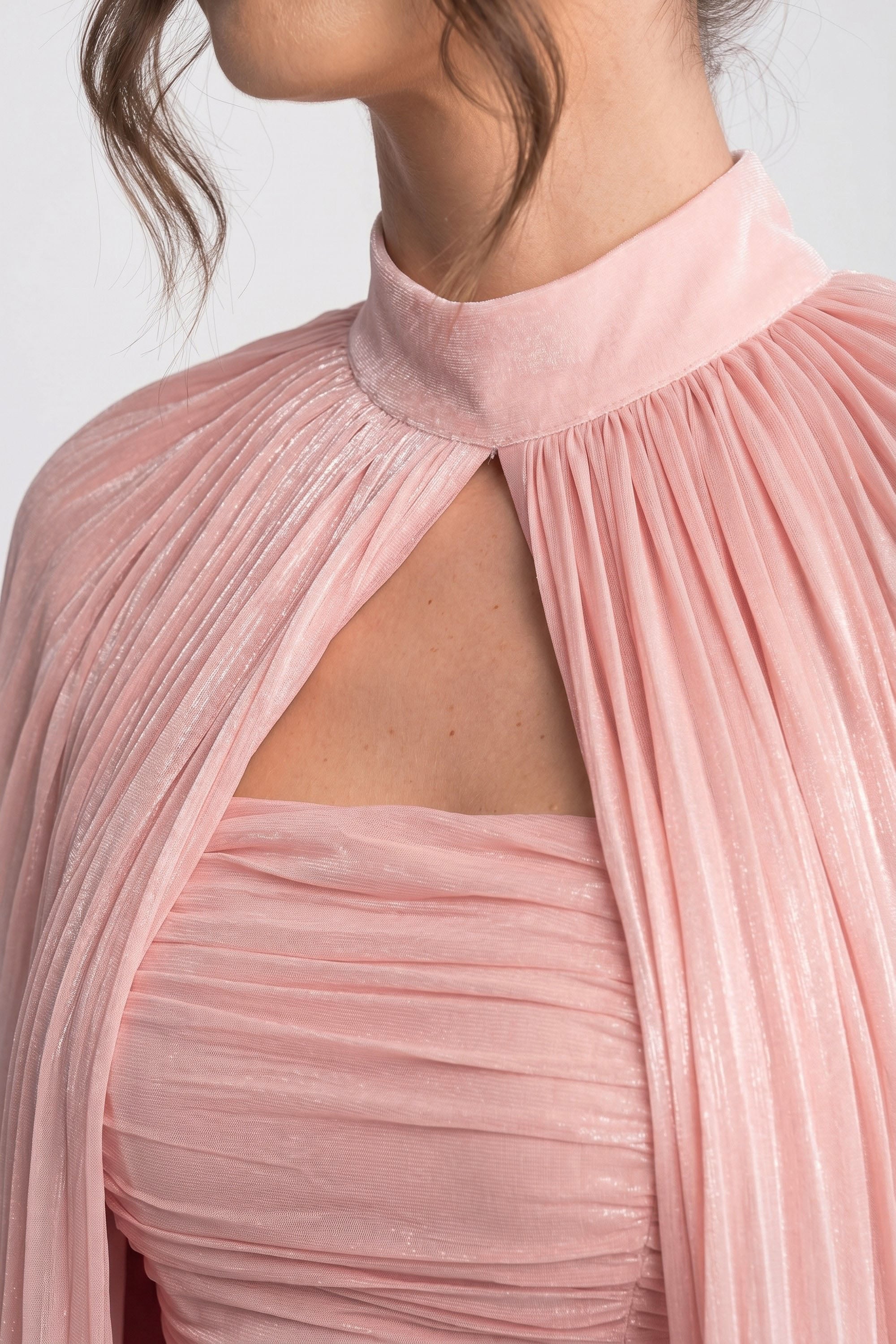 High-Neck Balloon-Sleeve Mini Dress With Pleated Skirt - Pink