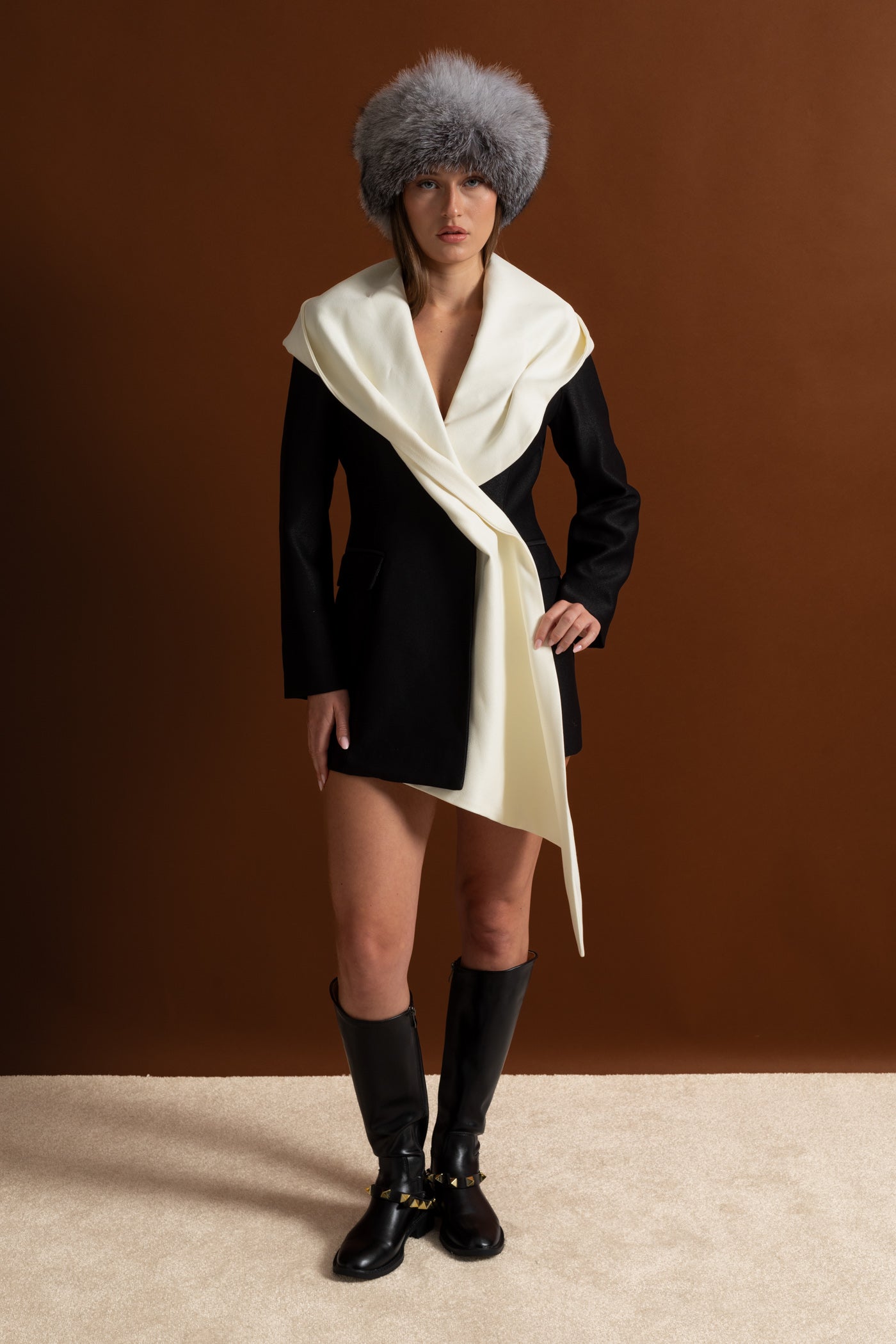 Draped Lapel Asymmetric Blazer Dress – Black/Ivory