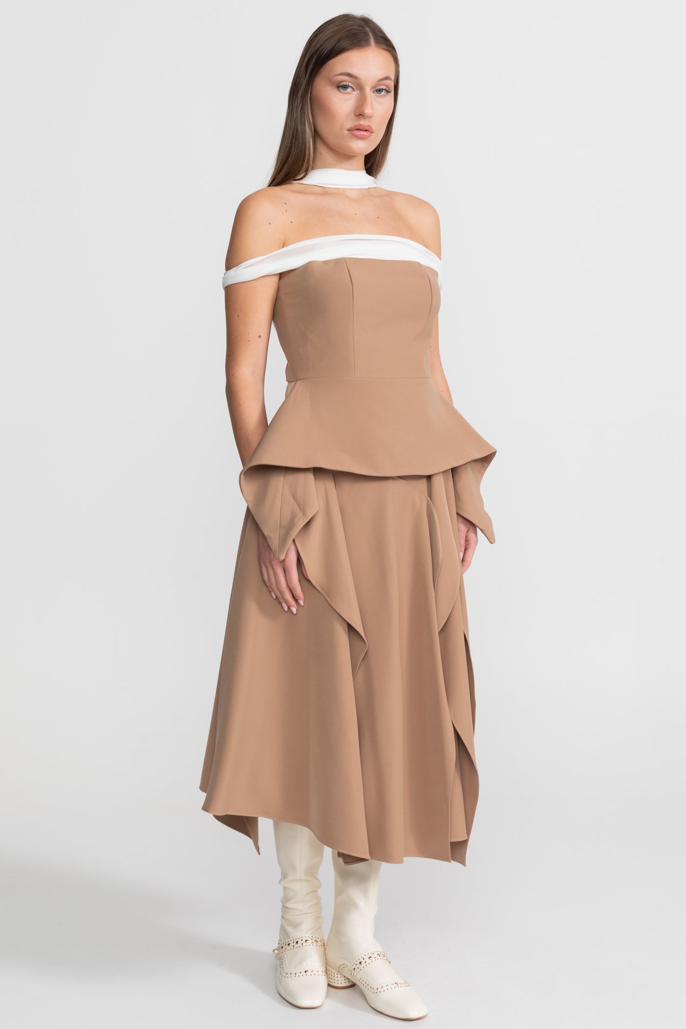 Draped Peplum Off-Shoulder Co-ord With Contrasting Neckline – Camel/Ivoire