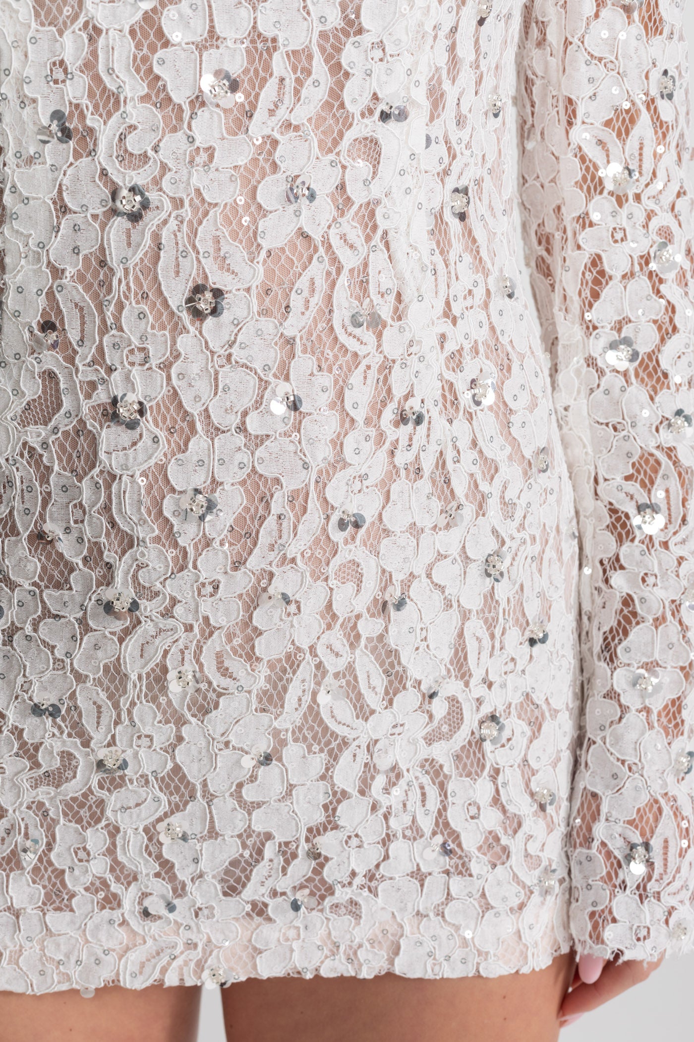 Sequin Lace Mini Dress With Structured Shoulders – White