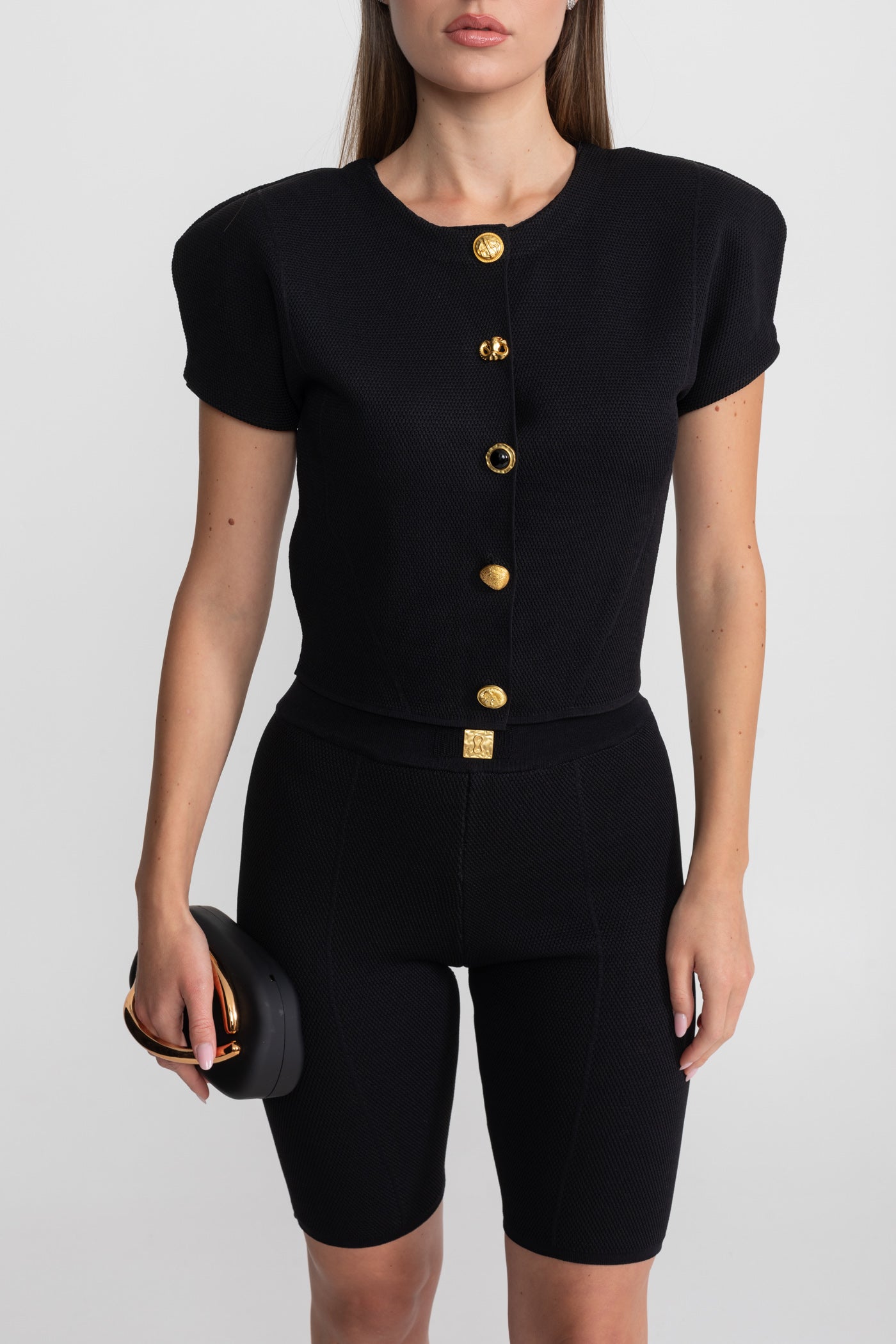 Gestricktes Co-ord-Set mit strukturierten Schultern – Schwarz