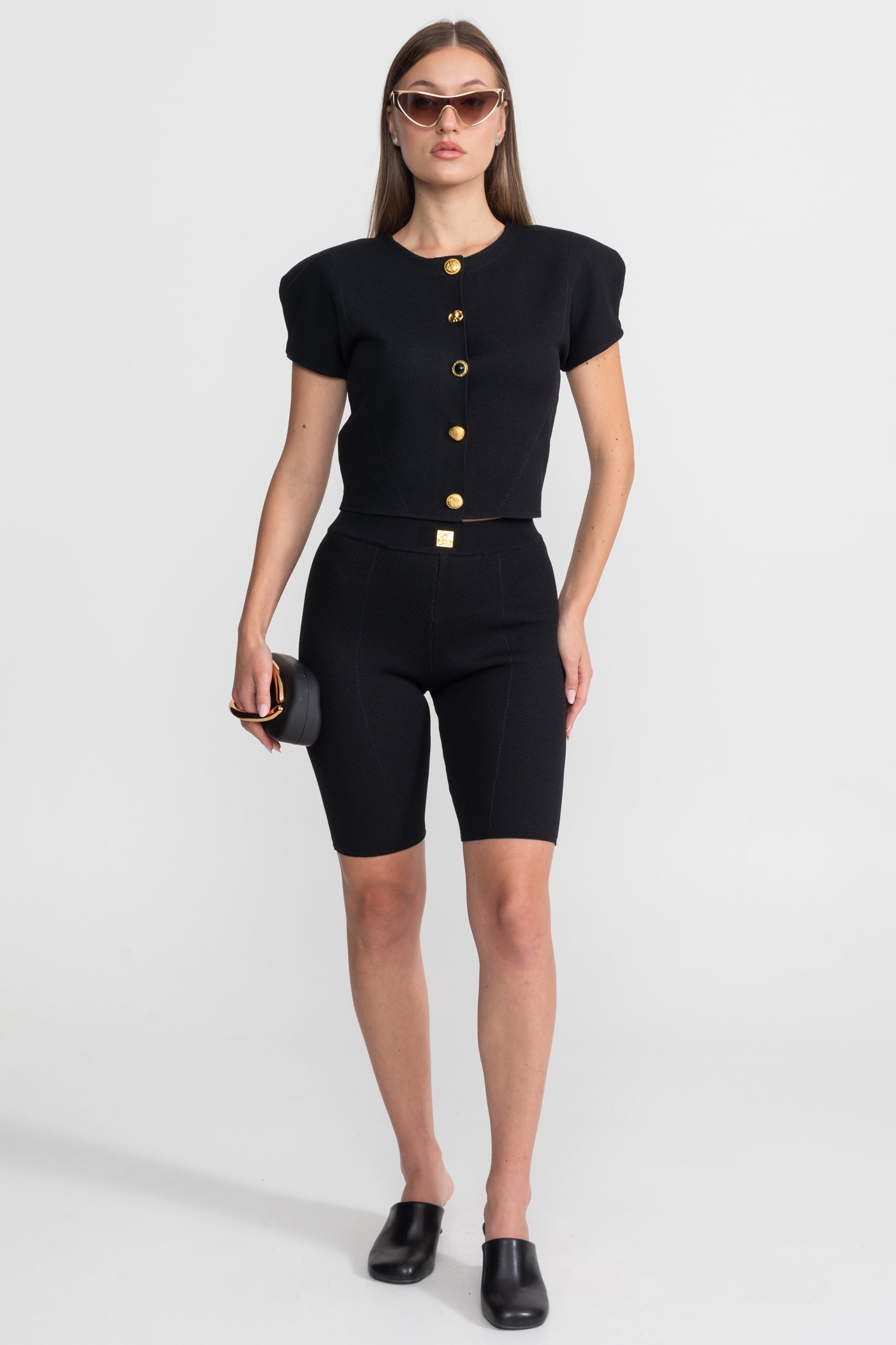 Gestricktes Co-ord-Set mit strukturierten Schultern – Schwarz