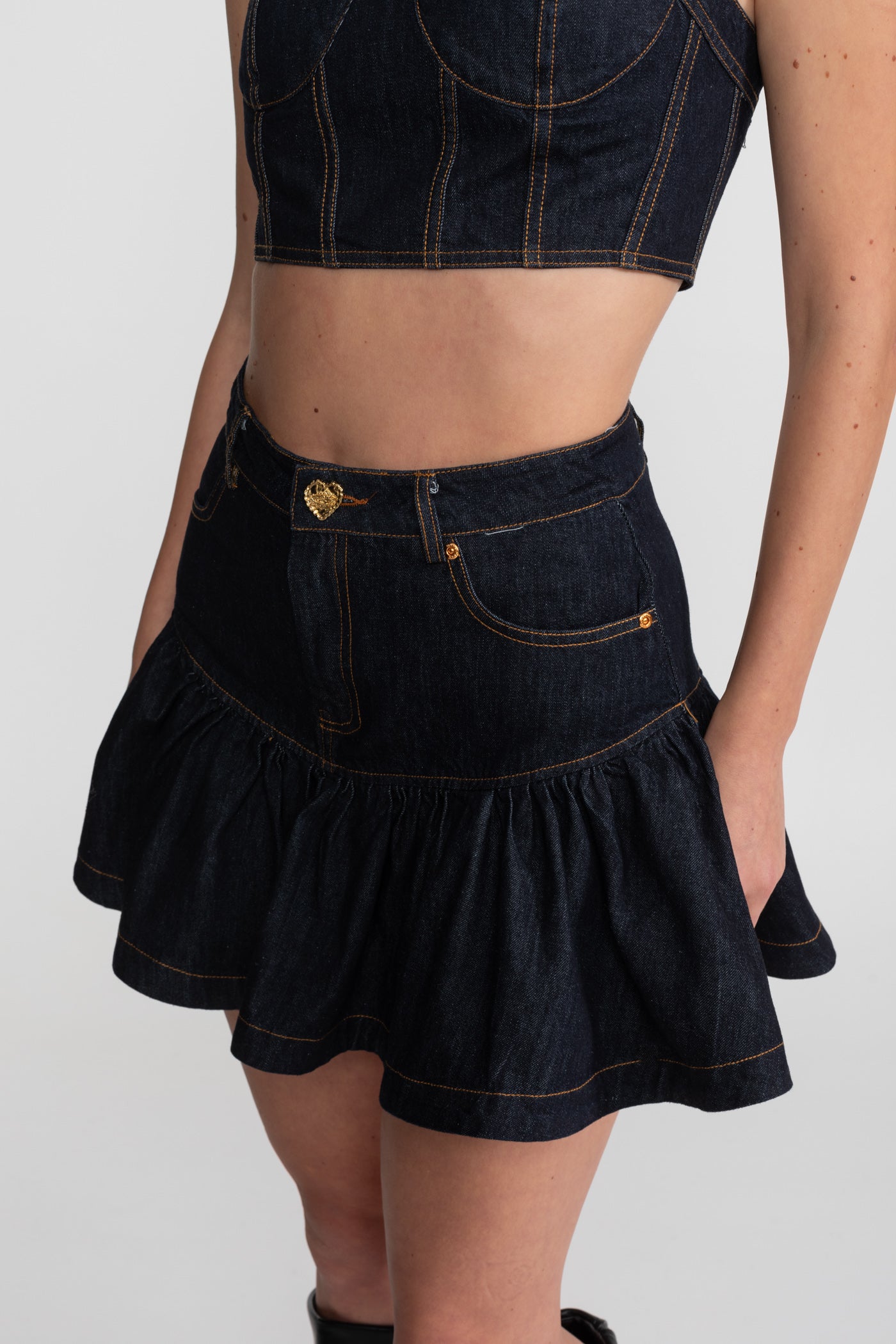 Denim-Bustier-Co-ord-Set mit kontrastierenden Nähten – Indigo