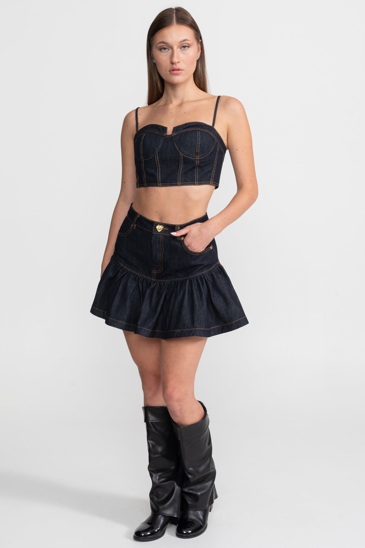 Denim-Bustier-Co-ord-Set mit kontrastierenden Nähten – Indigo