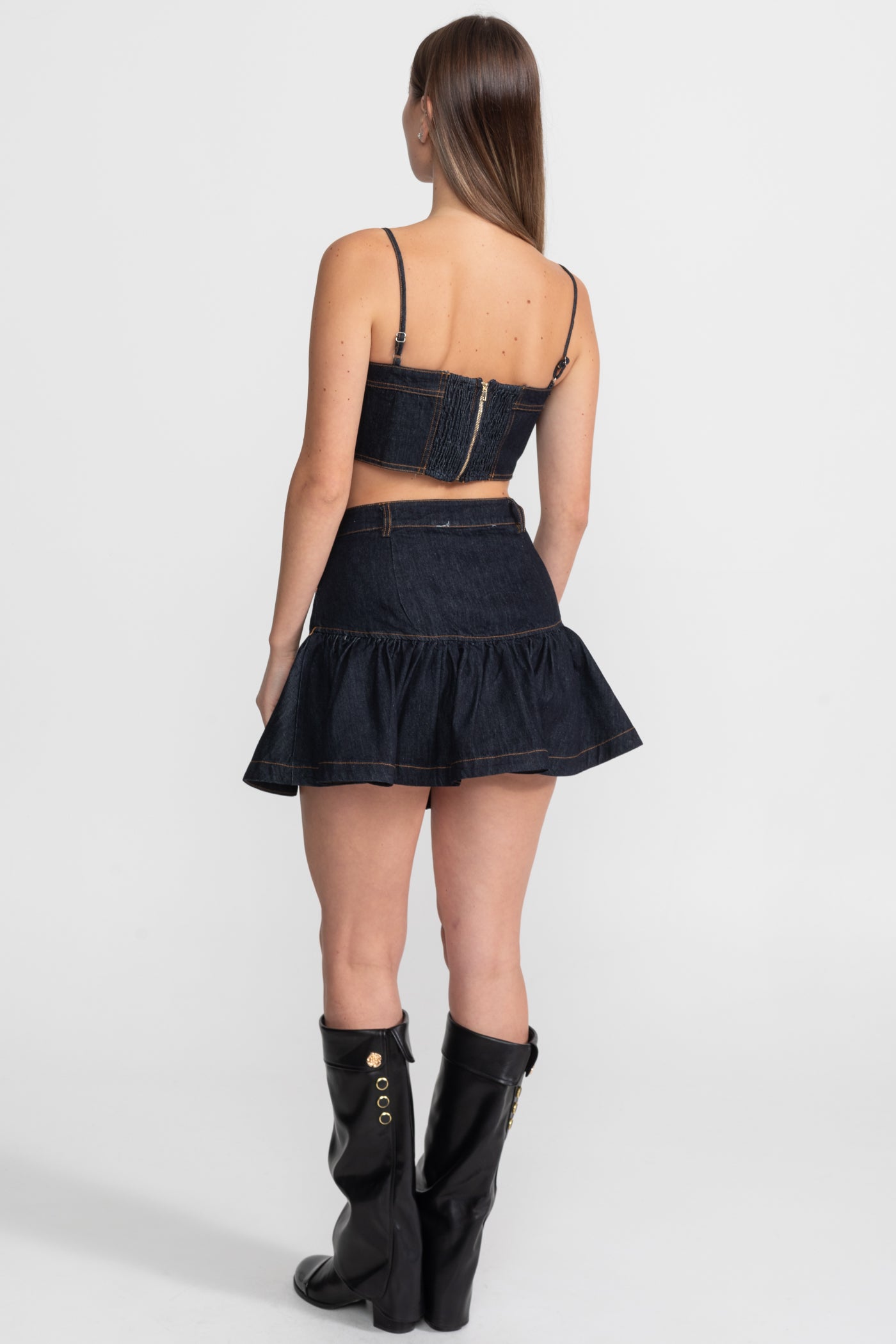 Denim-Bustier-Co-ord-Set mit kontrastierenden Nähten – Indigo