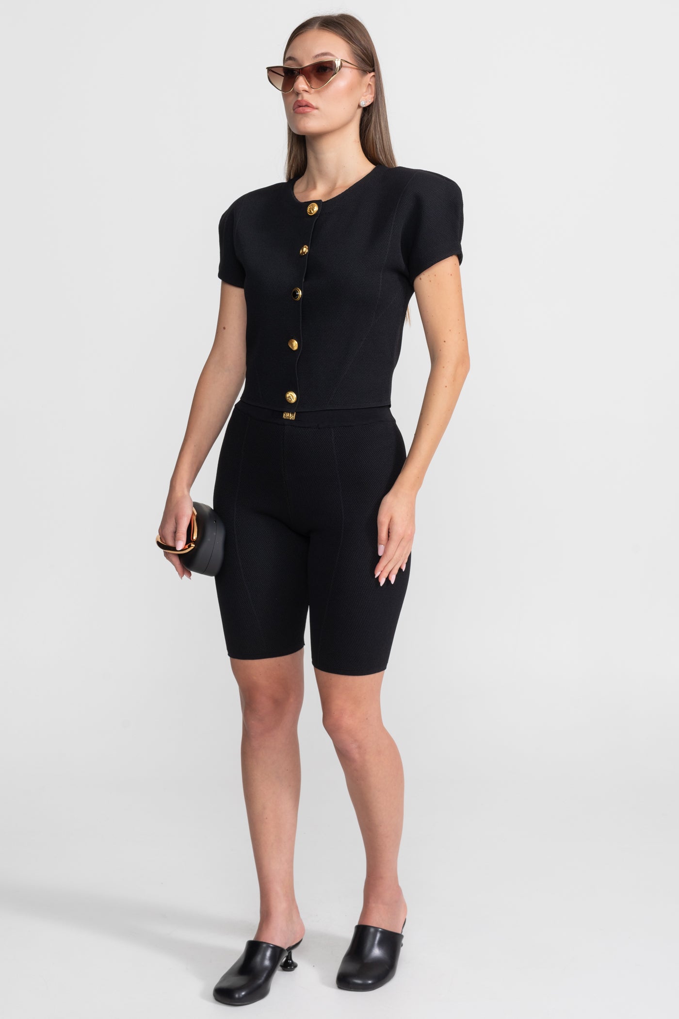 Gestricktes Co-ord-Set mit strukturierten Schultern – Schwarz