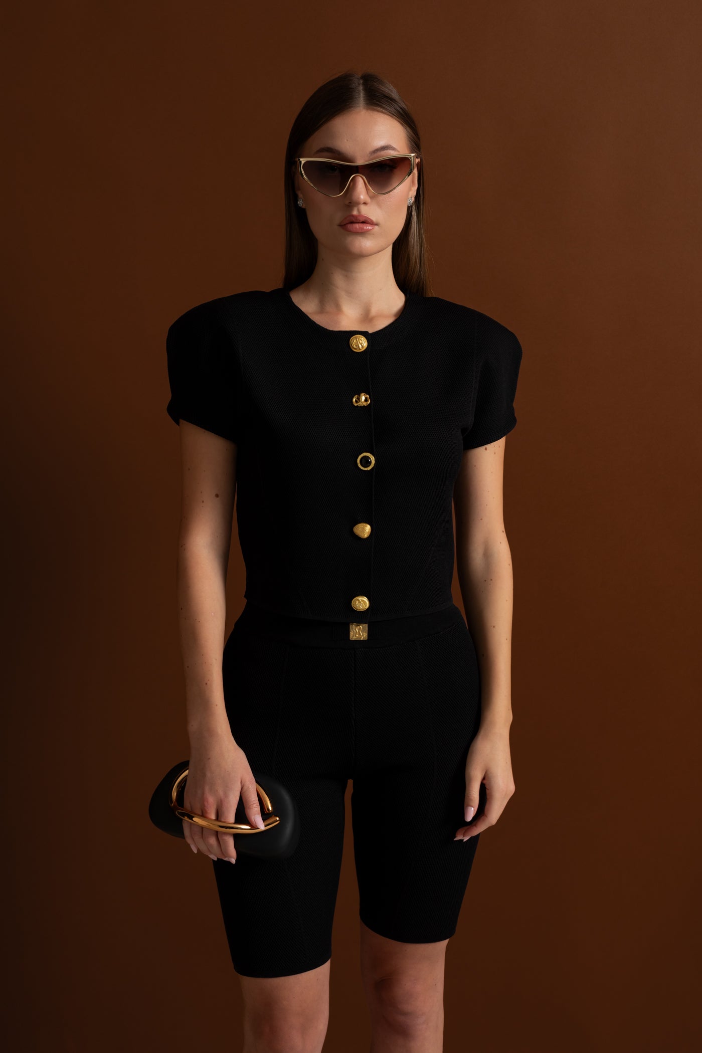 Gestricktes Co-ord-Set mit strukturierten Schultern – Schwarz