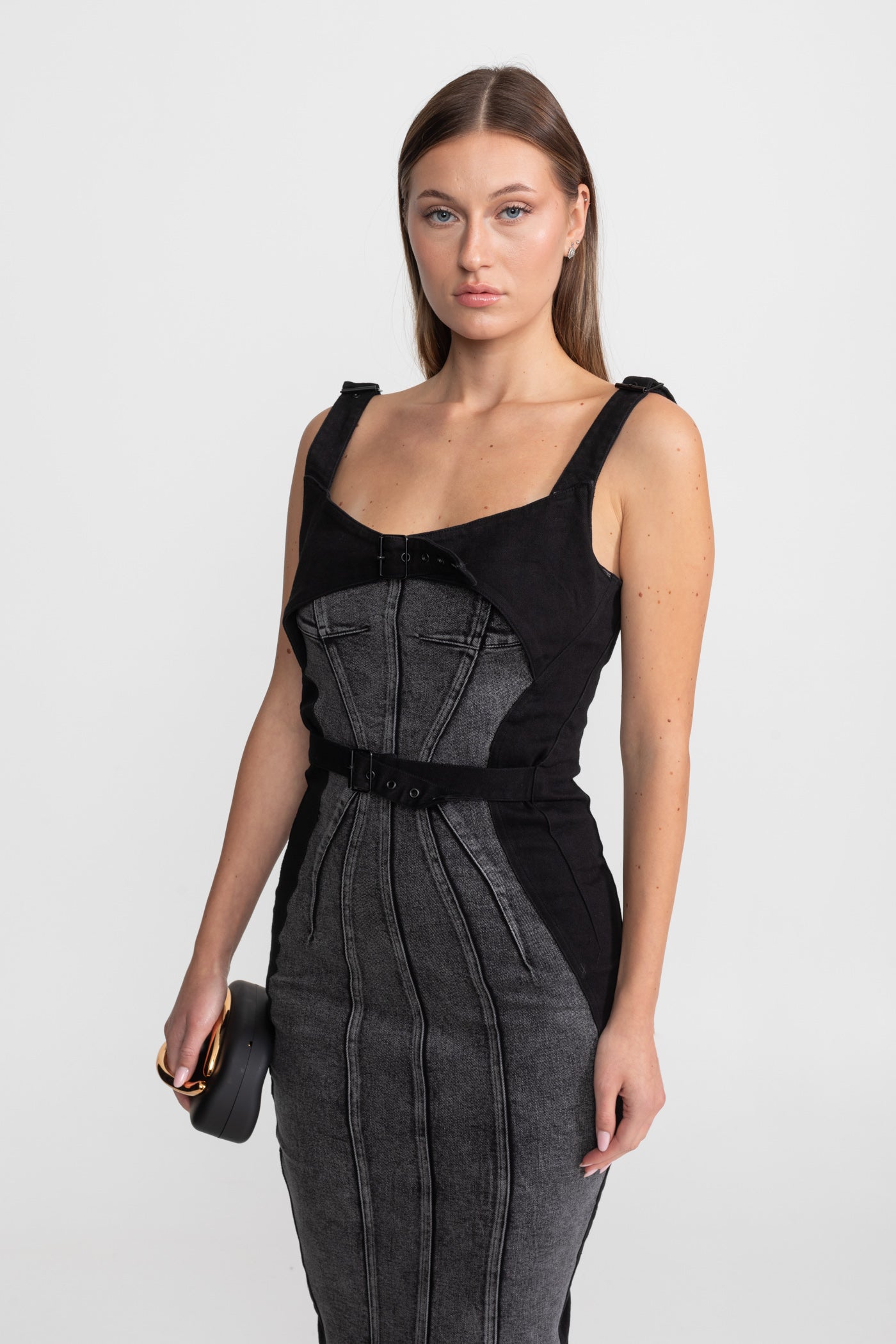 Panelled Denim Midi Dress With Buckled Belts – Charcoal
