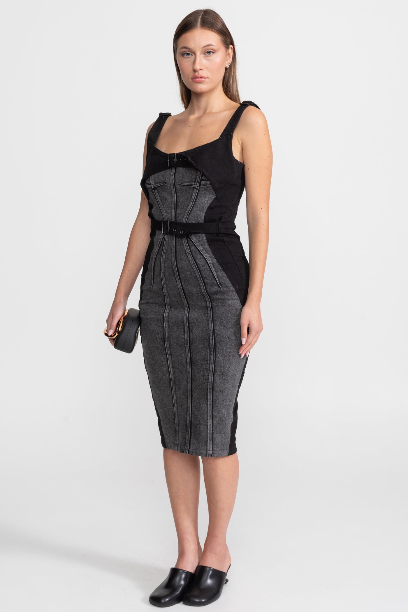 Panelled Denim Midi Dress With Buckled Belts – Charcoal