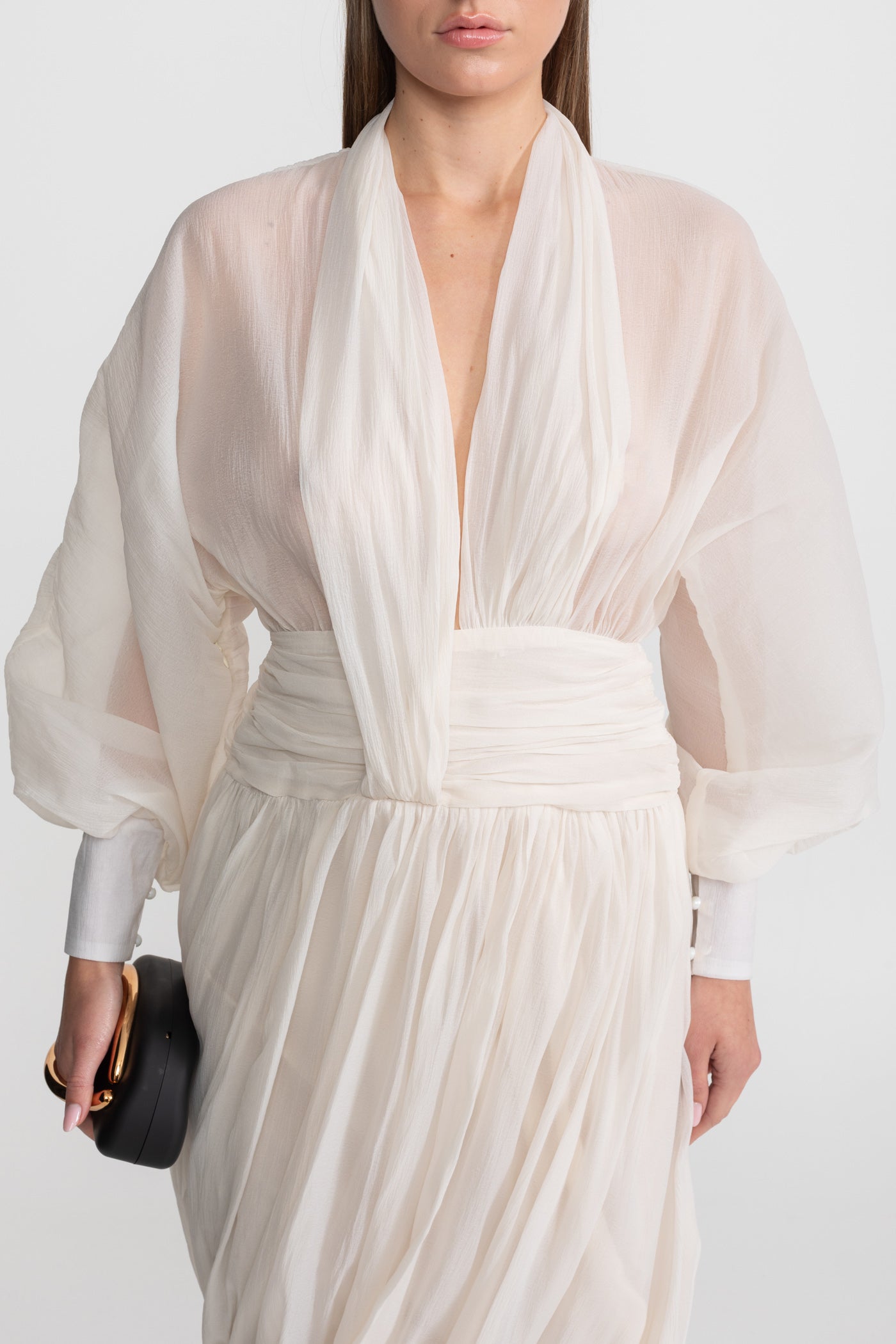 Draped Chiffon Maxi Dress With Long Bishop Sleeves – Ivoire