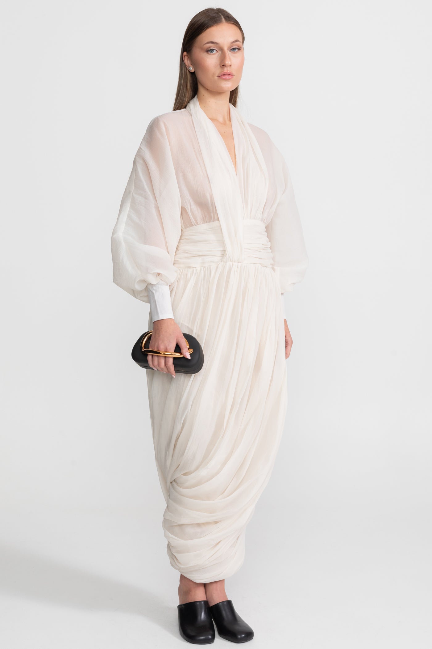 Draped Chiffon Maxi Dress With Long Bishop Sleeves – Ivoire