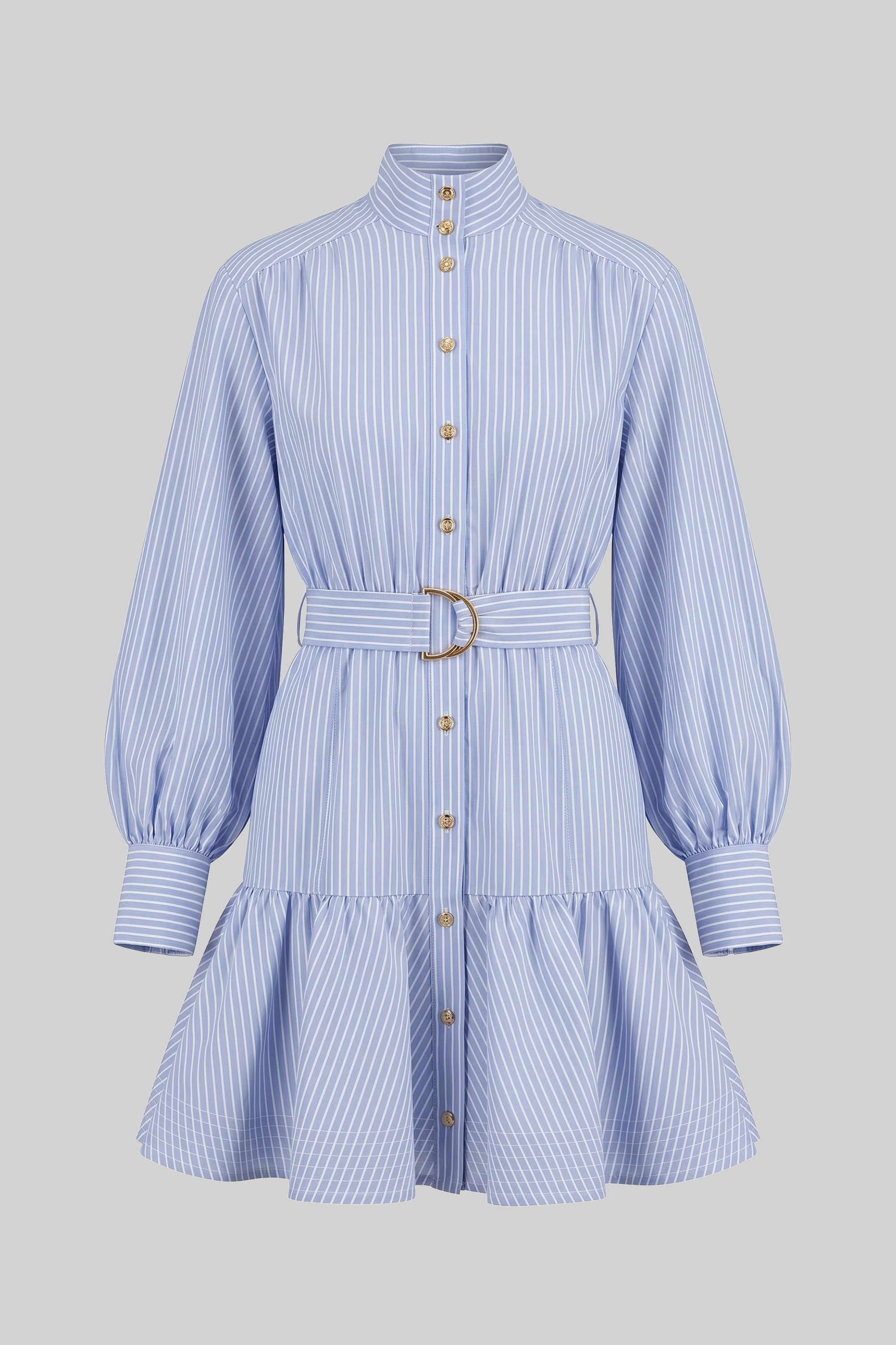 Gestreiftes Mini-Kleid mit Gürtel, hohem Kragen und Ballonärmeln - Blau