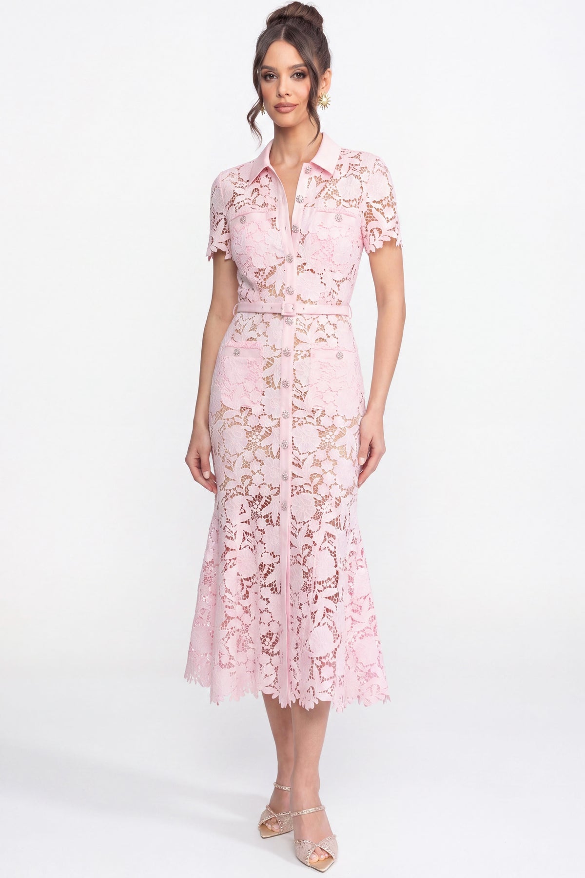 Lace Short Sleeve Midi Dress With Collared Neckline And Belted Waist - Pink
