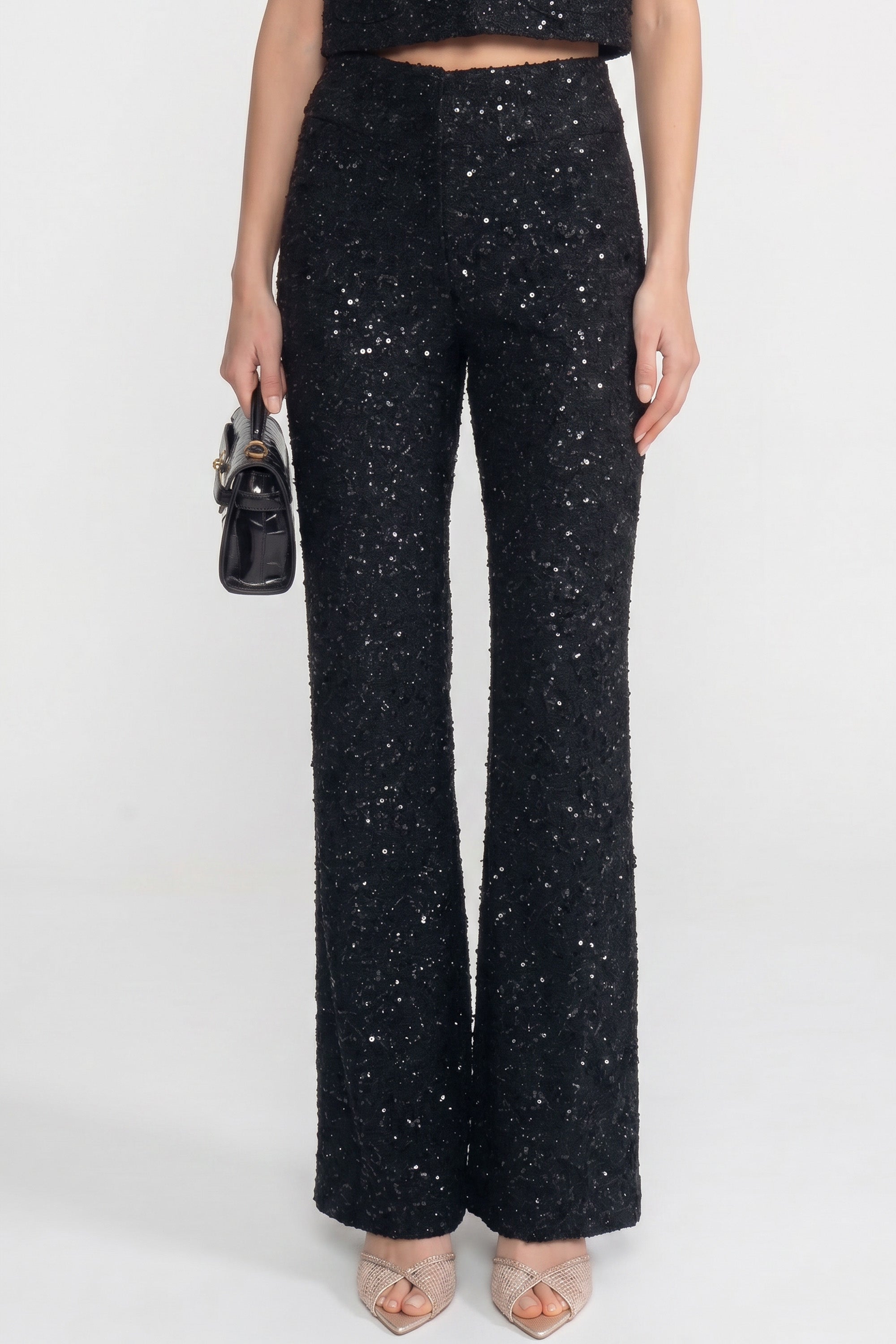 Wide-Leg Tweed Trousers With Sequin Detail - Black