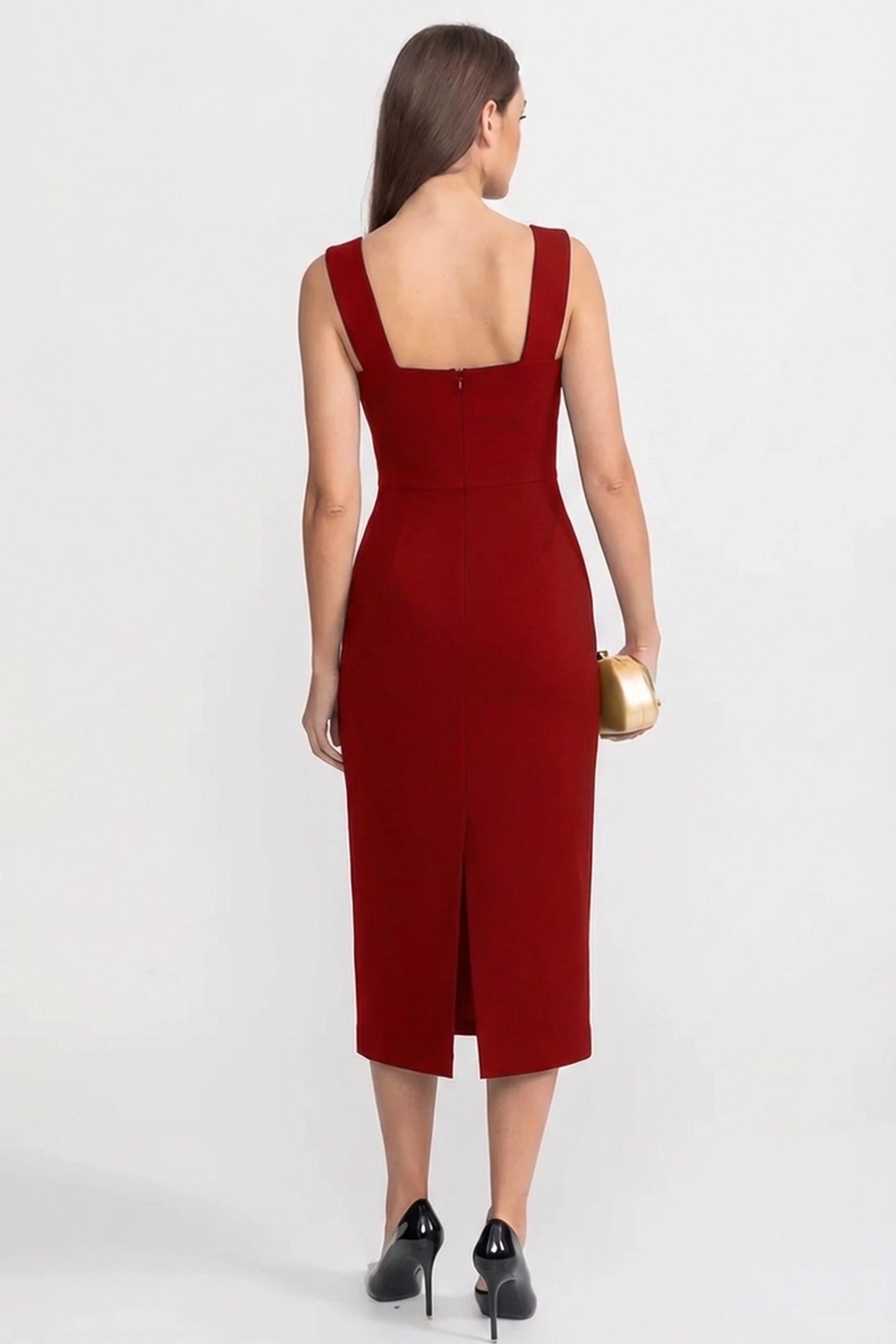 Strukturiertes Midikleid mit skulpturiertem Blumenakzent – Rot