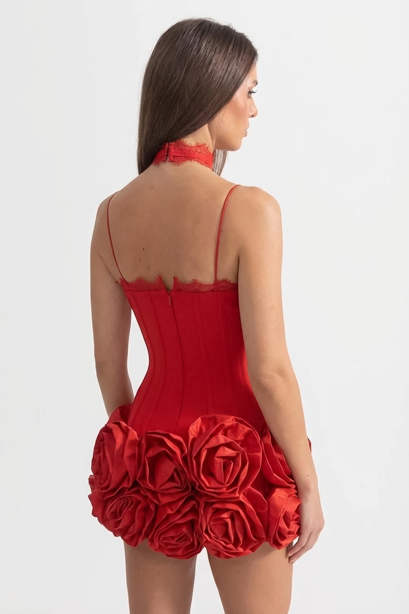 Halter-Corsagen-Minikleid mit 3D-Rosen-Saum – Rot