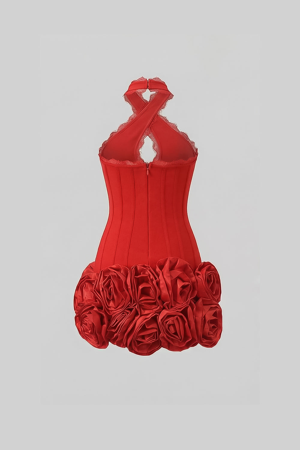 Halter-Corsagen-Minikleid mit 3D-Rosen-Saum – Rot