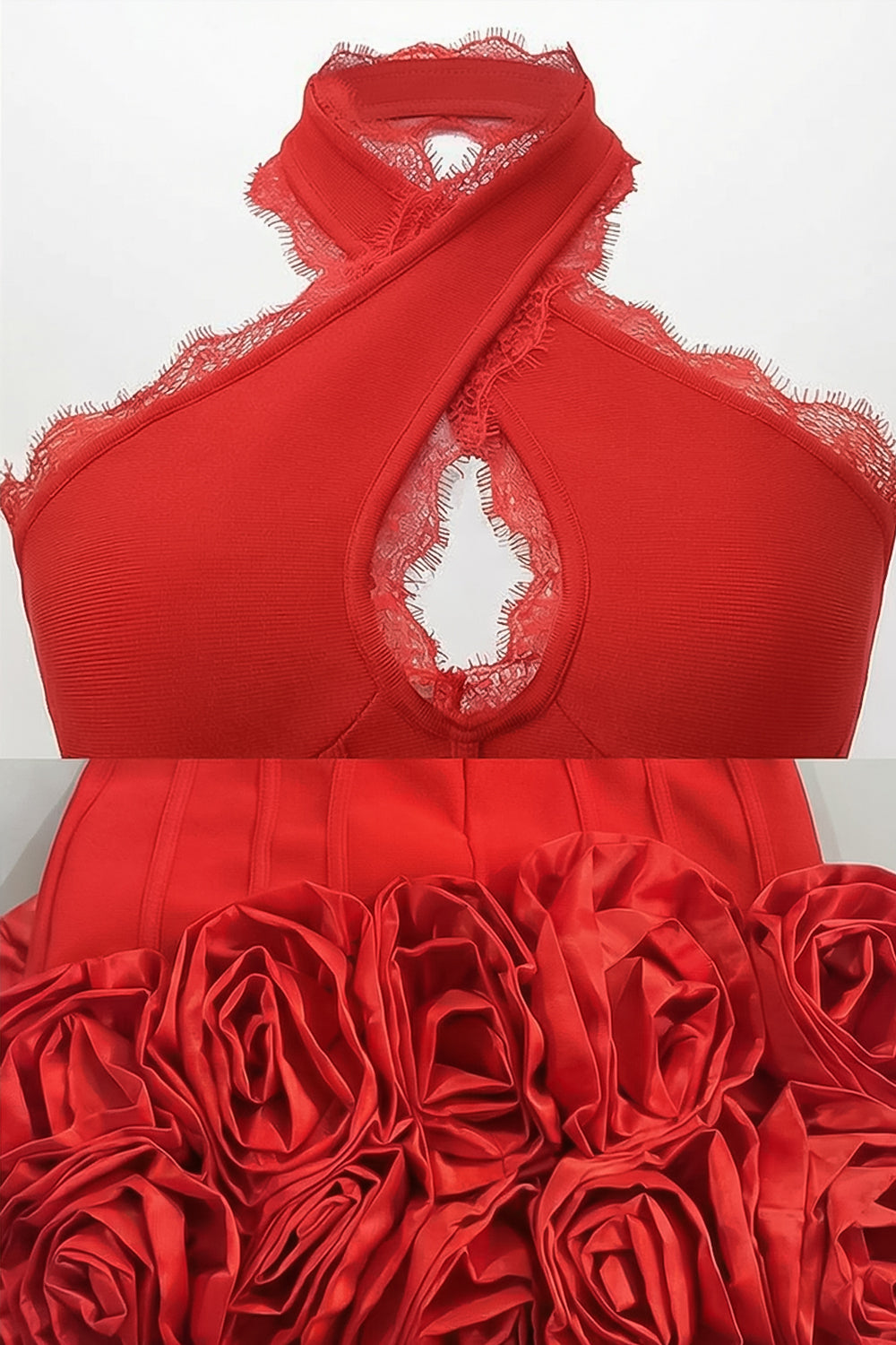 Halter-Corsagen-Minikleid mit 3D-Rosen-Saum – Rot